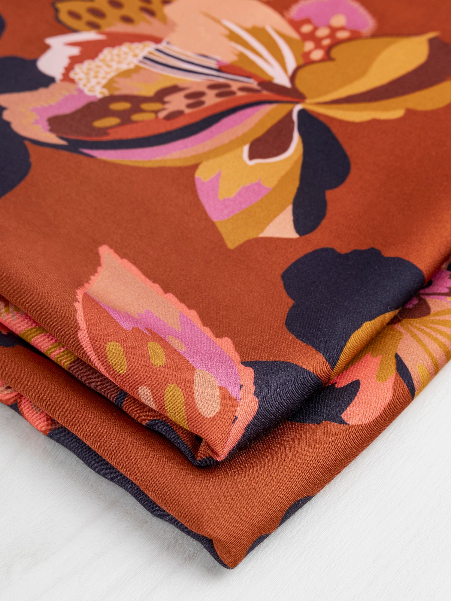 Large Floral Print EcoVero Challis - Mahogany + Ochre + Lilac | Core Fabrics