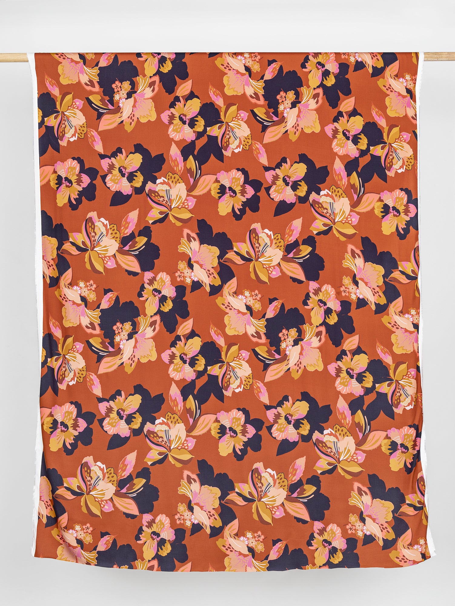 Large Floral Print EcoVero Challis - Mahogany + Ochre + Lilac | Core Fabrics