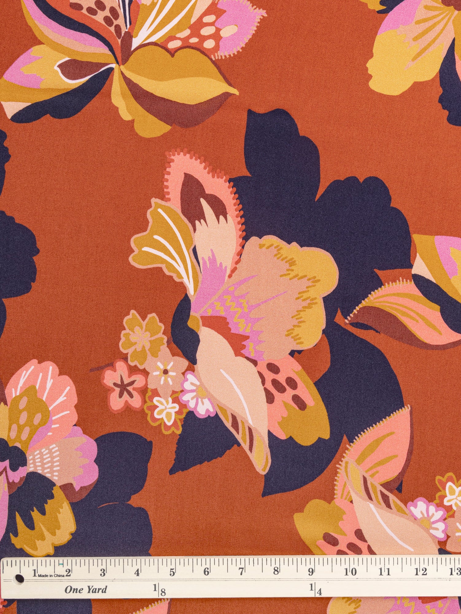 Large Floral Print EcoVero Challis - Mahogany + Ochre + Lilac | Core Fabrics