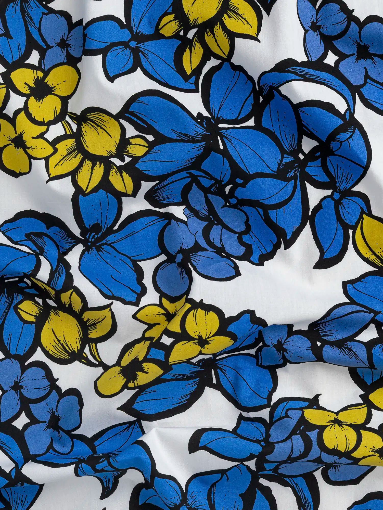 F-COT401-Large-Floral-Print-Japanese-Cotton-Lawn-White-Periwinkle-Black-and-Yellow-Core-Fabrics-scrunched.webp