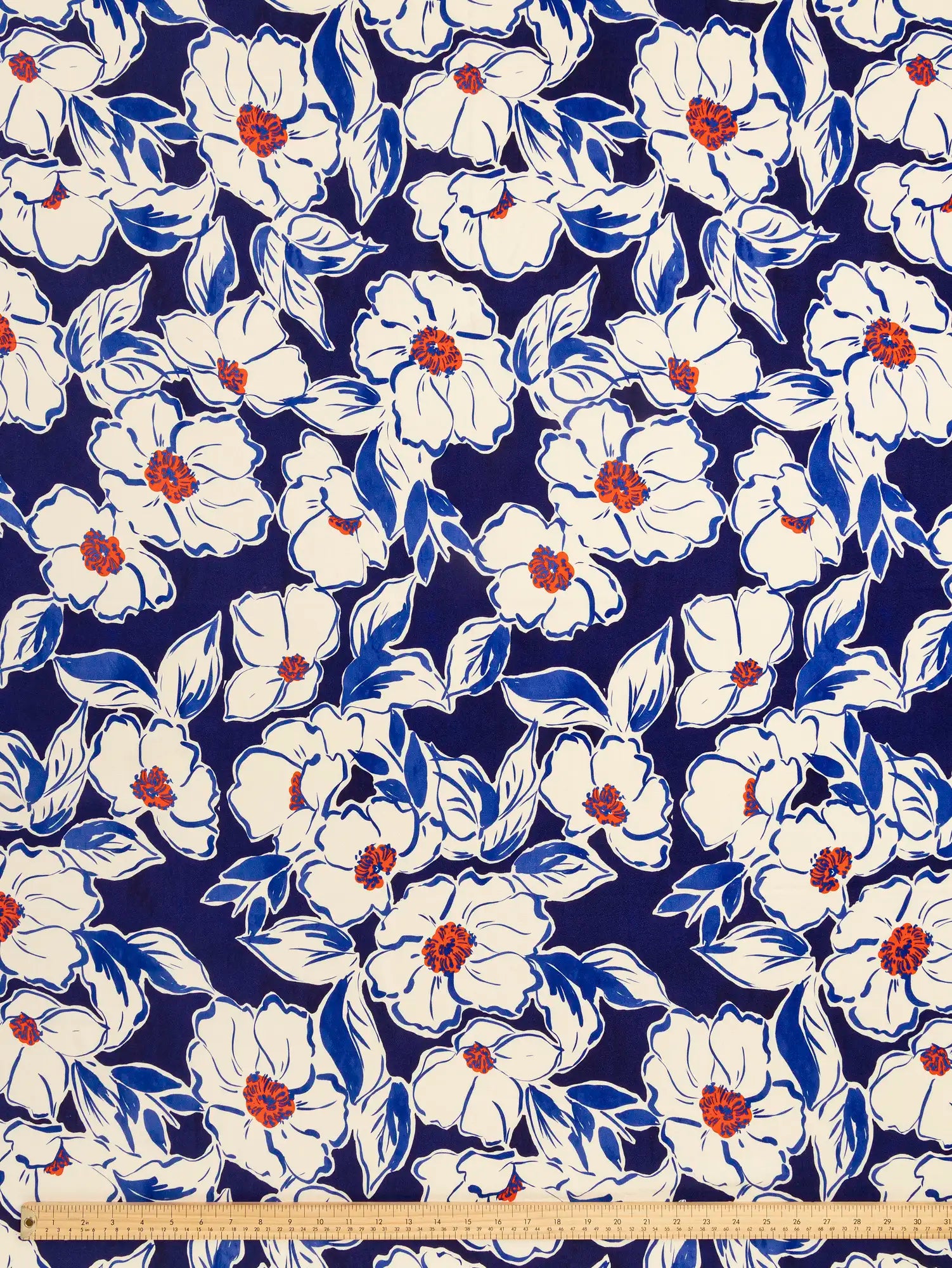 F-VIS305-Large-Flower-Print-FSC-Viscose-Crepe-Indigo-Ivory-and-Poppy-Core-Fabrics-ruler.webp