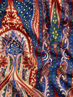 Large Folk Print Ecovero Viscose - Red + Blue + Cream