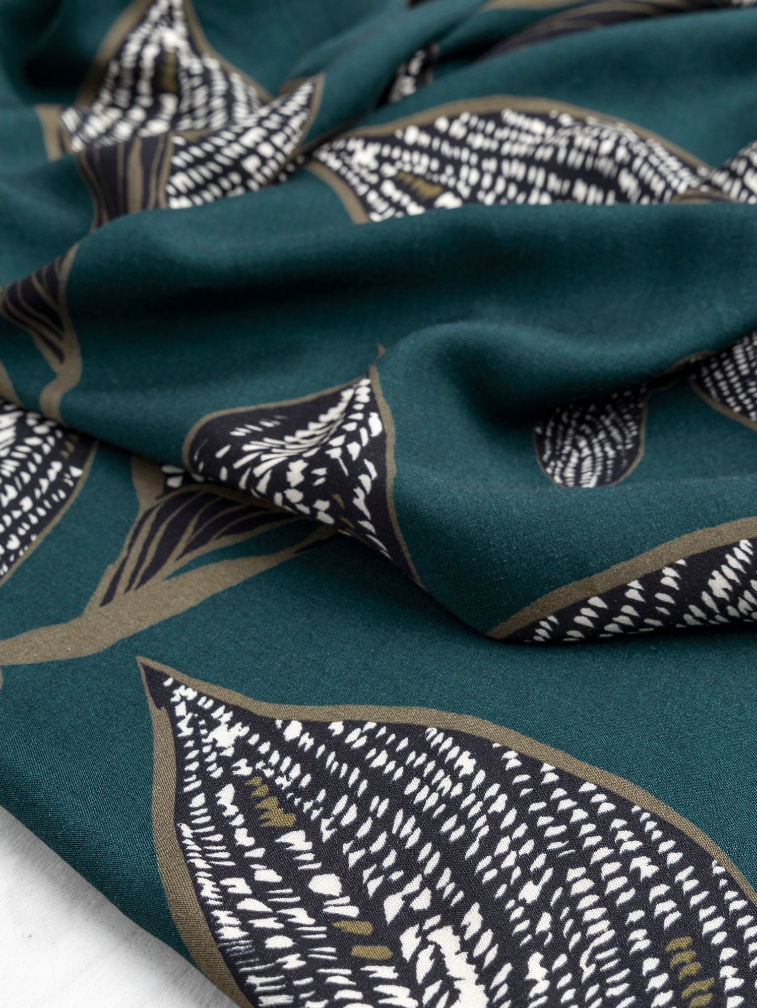 Large Graphic Leaf Print EcoVero Challis - Dark Teal + Olive + Black | Core Fabrics
