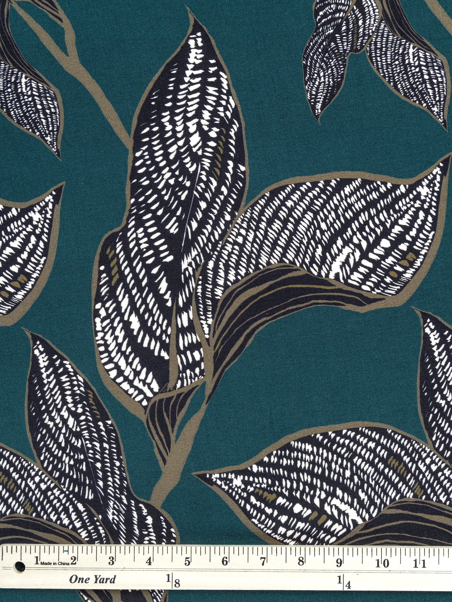 Large Graphic Leaf Print EcoVero Challis - Dark Teal + Olive + Black | Core Fabrics