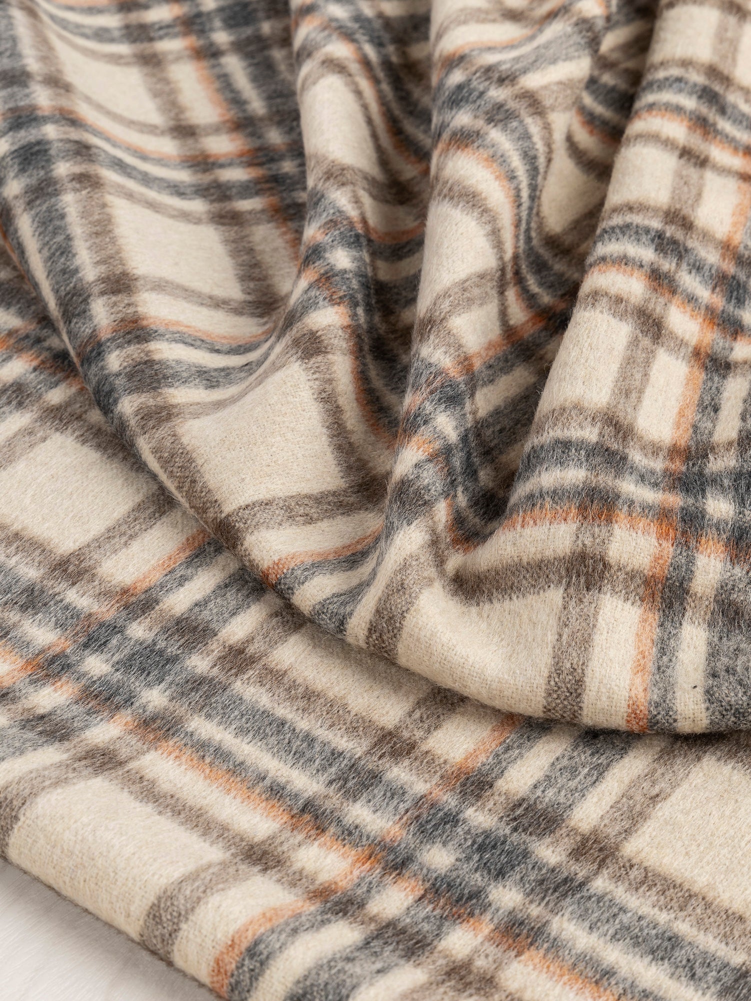 Large Plaid Brushed Wool Blend Deadstock - Cream + Brown + Blue + Orange | Core Fabrics