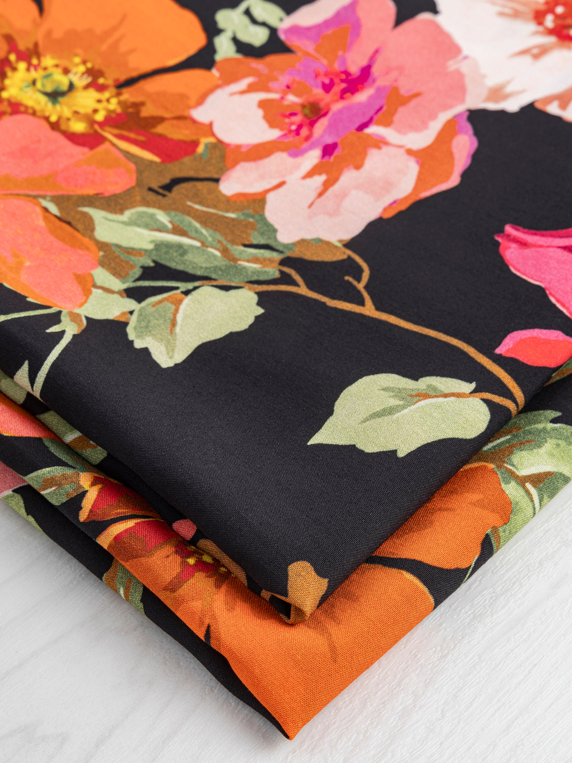 Large Poppy Floral Print Viscose Challis - Black + Red + Orange | Core Fabrics
