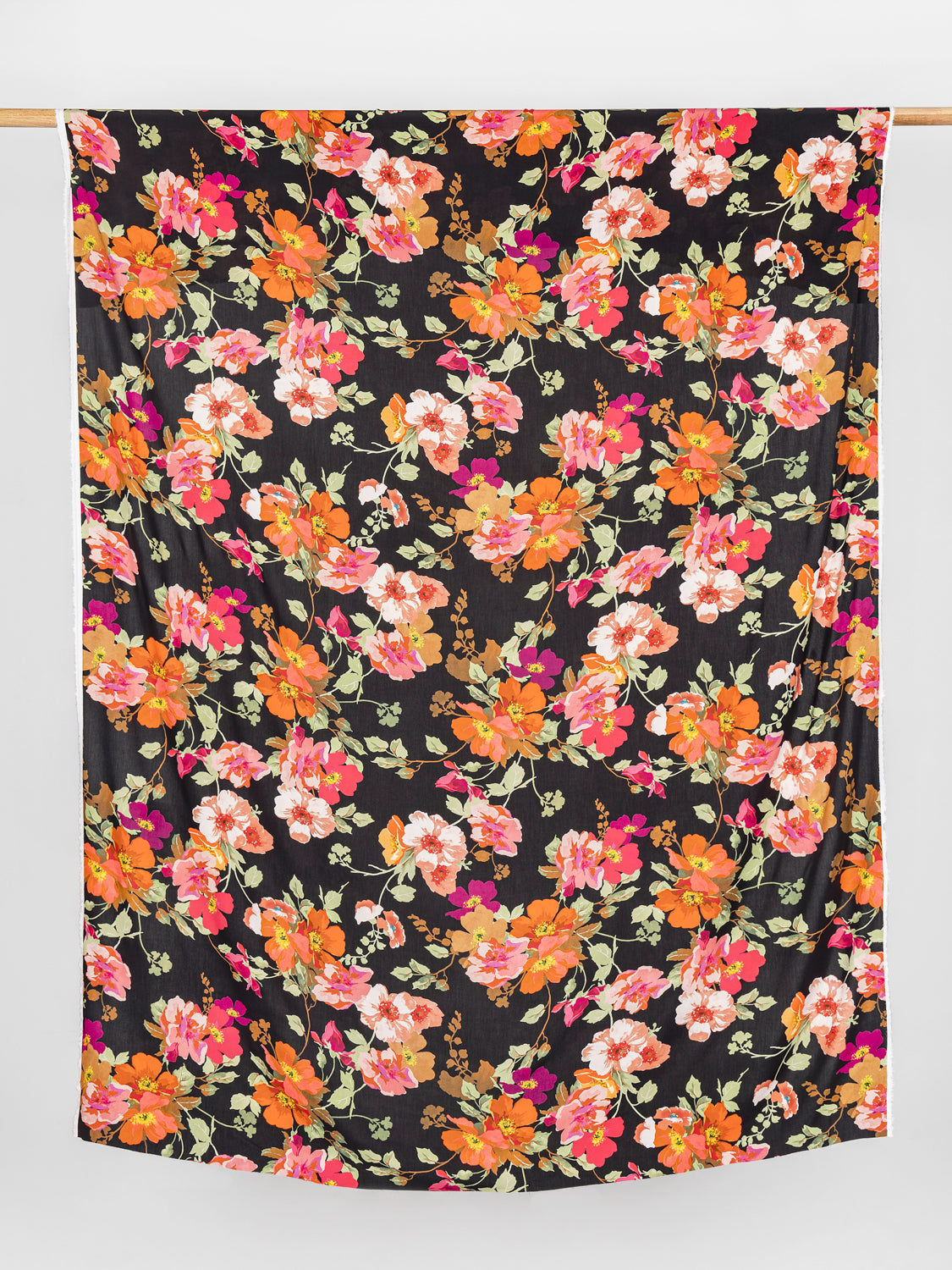 Large Poppy Floral Print Viscose Challis - Black + Red + Orange | Core Fabrics