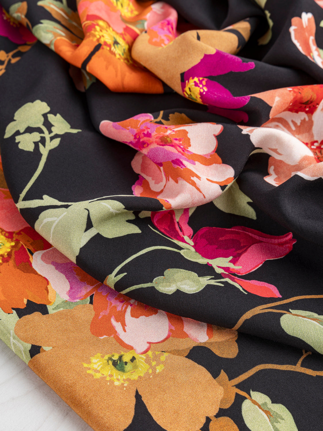Large Poppy Floral Print Viscose Challis - Black + Red + Orange | Core Fabrics