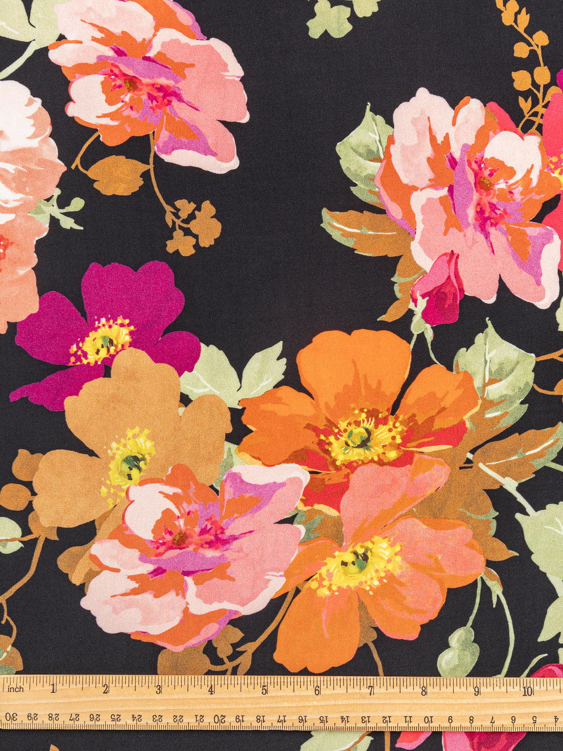 Large Poppy Floral Print Viscose Challis - Black + Red + Orange | Core Fabrics