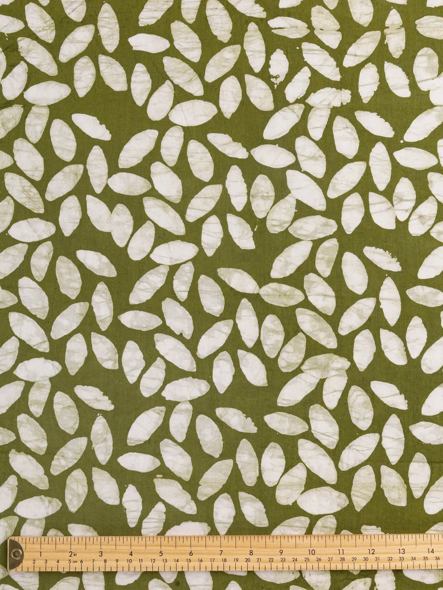 F-COT426-001-Leaf-Artisanal-Cotton-Batik-Olive-Core-Fabrics-ruler.webp
