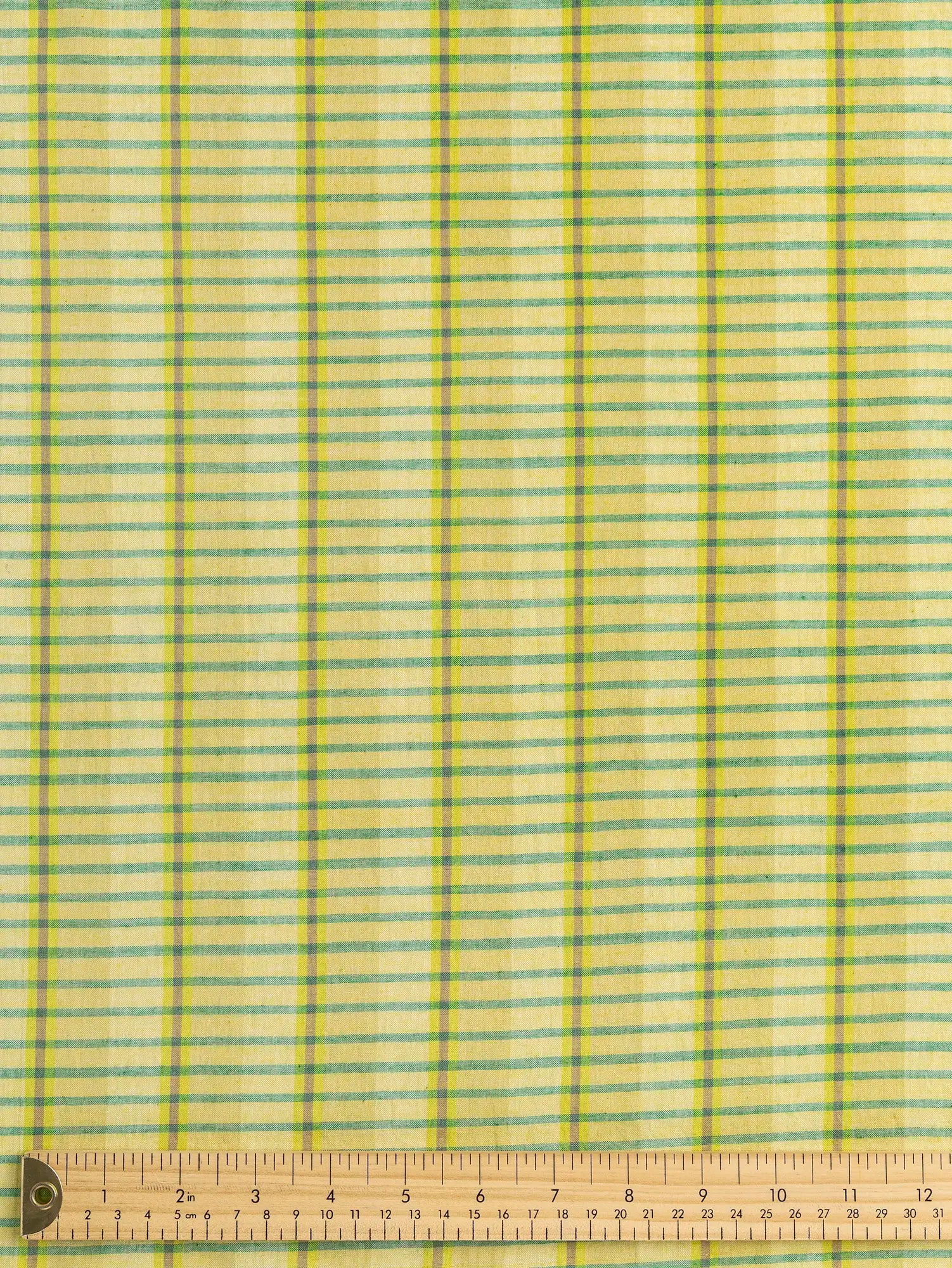 F-COT477-Lemonade-Artisanal-Check-Cotton-Voile-Chartreuse-Basil-and-Grape-Core-Fabrics-ruler.webp