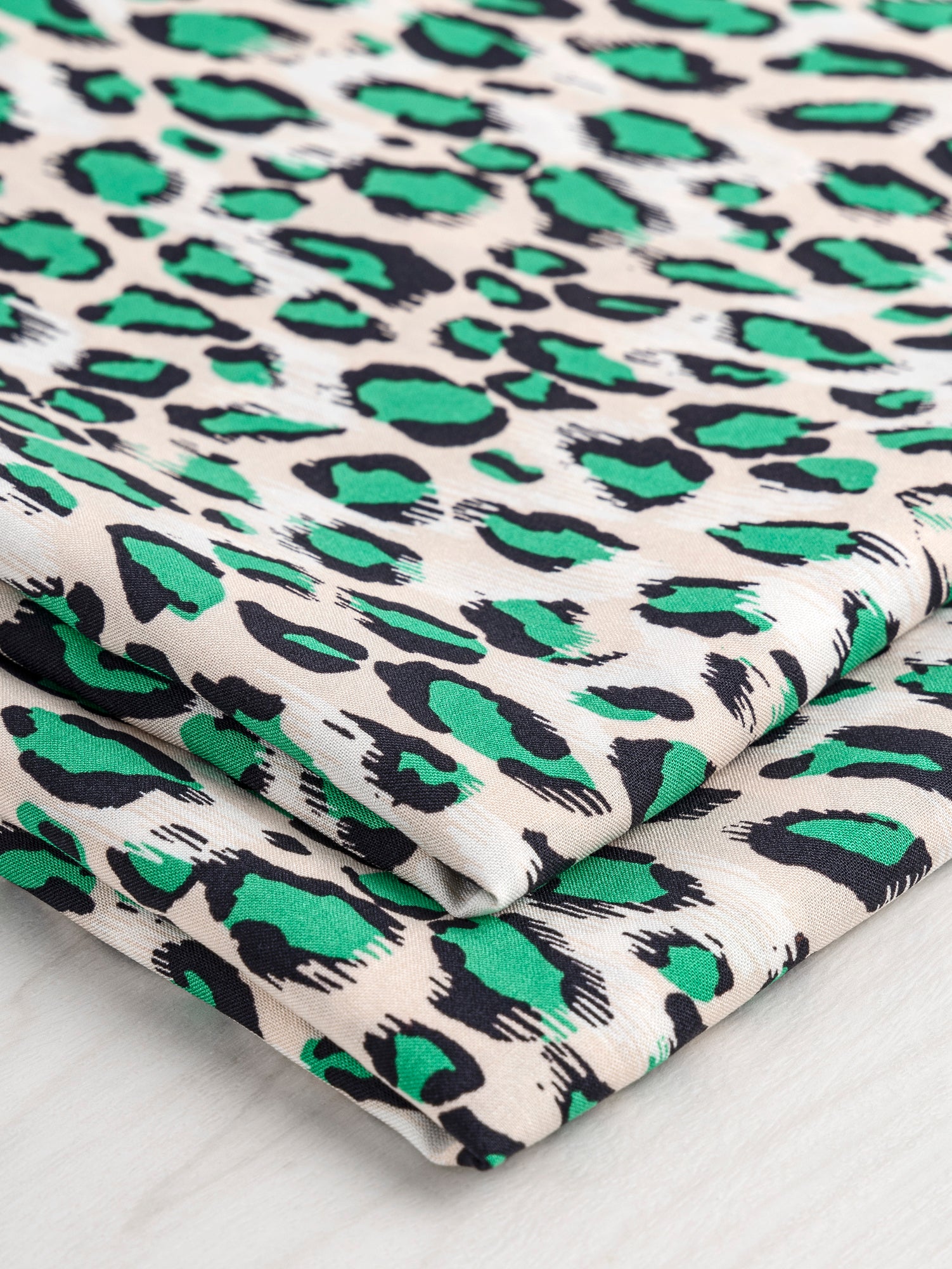 Leopard Print Viscose Challis Deadstock - Beige + Green + Black | Core Fabrics