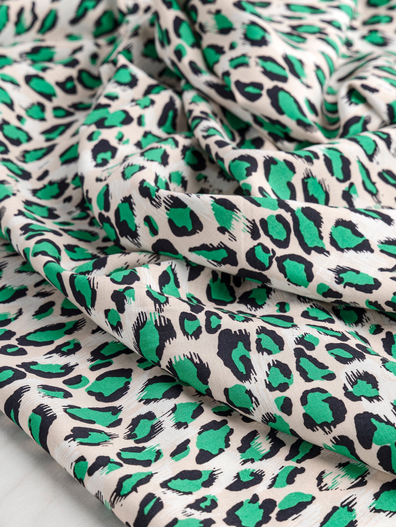 Leopard Print Viscose Challis Deadstock - Beige + Green + Black | Core Fabrics