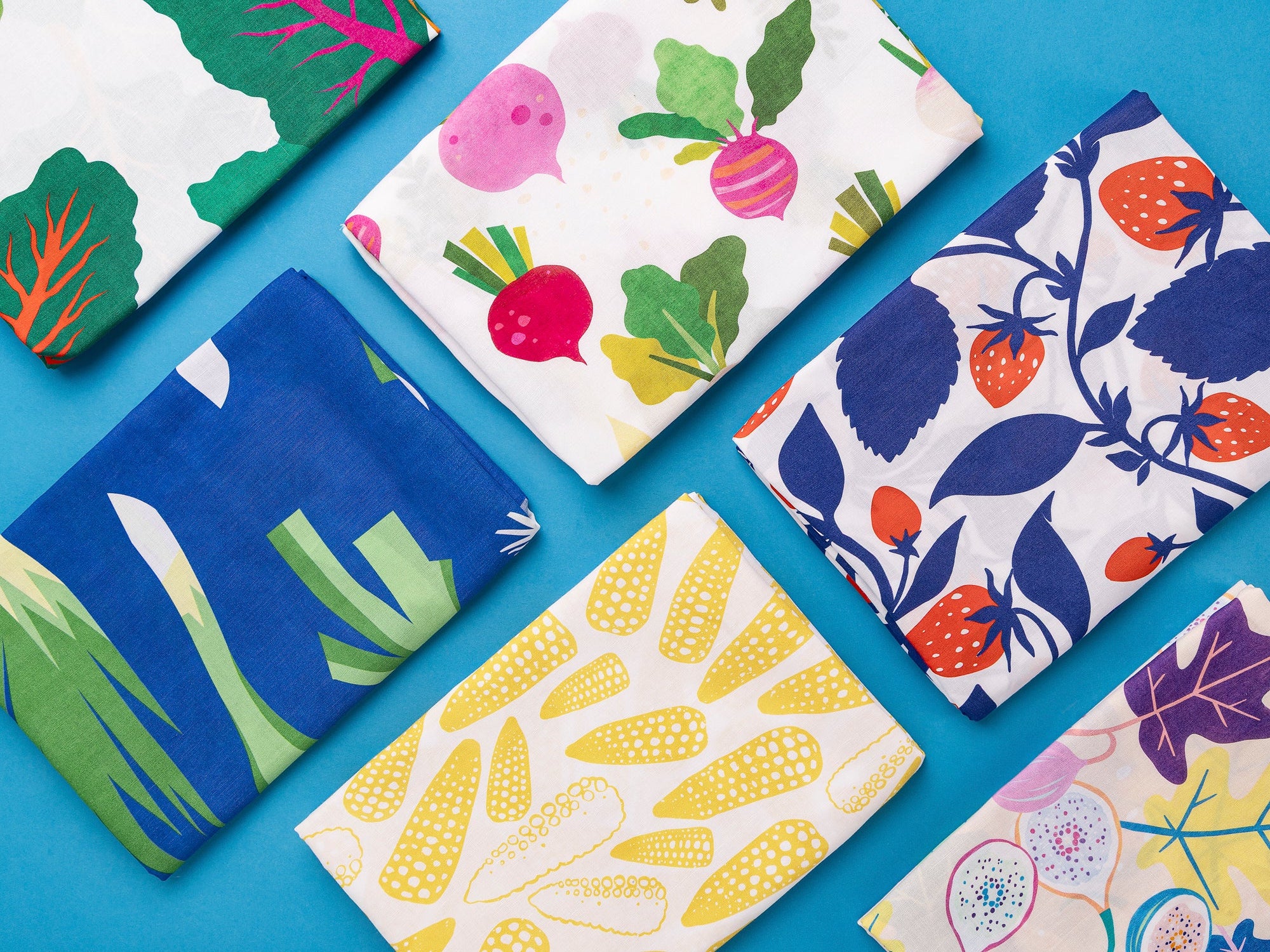 Colourful fruits and veggies prints on organic cotton linen at Core Fabrics