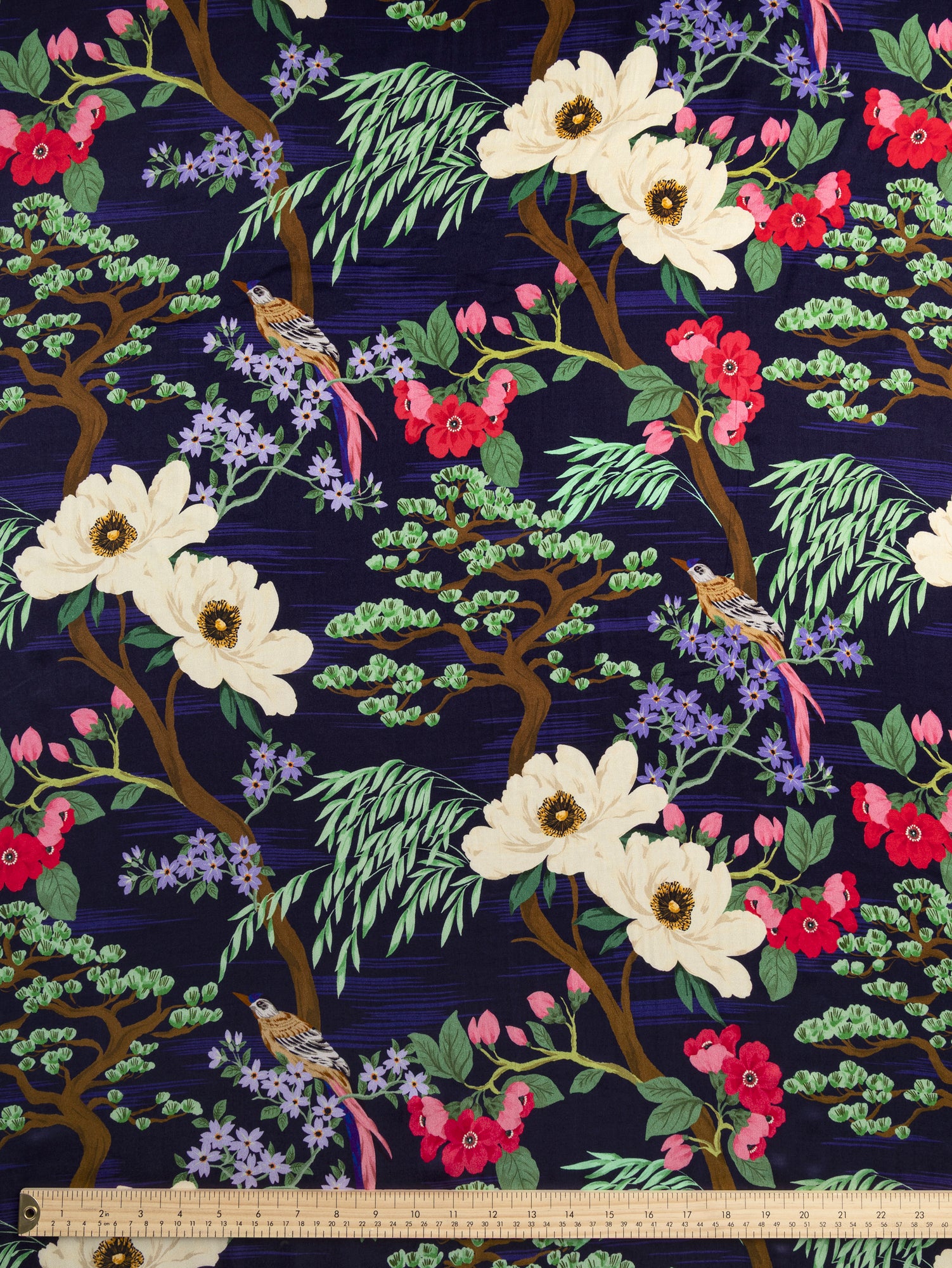 F-VIS276-Magnolia-Bird-Print-Viscose-Silk-Indigo-Magenta-Core-Fabrics-ruler.JPG
