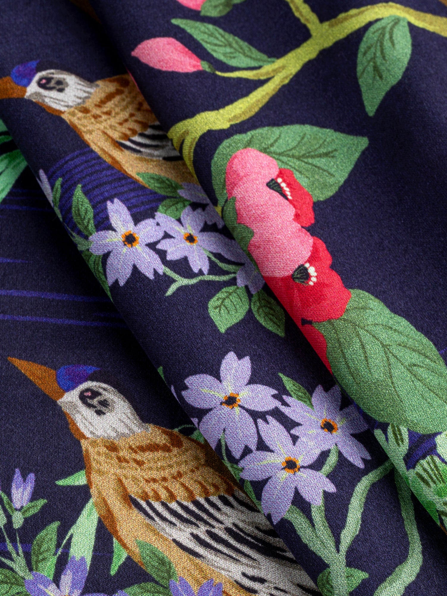 Magnolia Bird Print Viscose Silk - Indigo + Magenta | Core Fabrics Magnolia Bird Print Viscose Silk - Indigo + Magenta | Core Fabrics