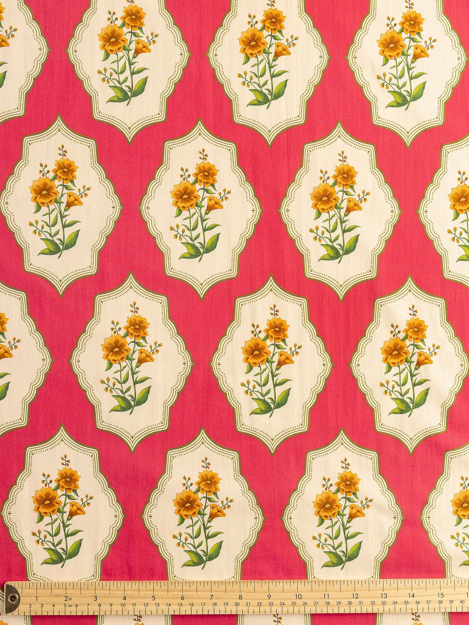 F-COT442-Marigold-Tile-Print-BCI-Cotton-Poplin-Oat-Basil-Cherry-and-Marigold-Core-Fabrics-ruler.webp
