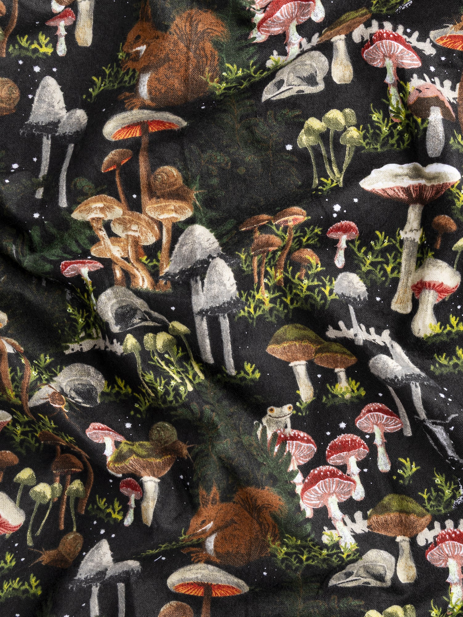 F-COT421 - Midnight Mushroom Print Cotton Flannel Deadstock - Black + Green + Brown - Core Fabrics- scrunched.JPG