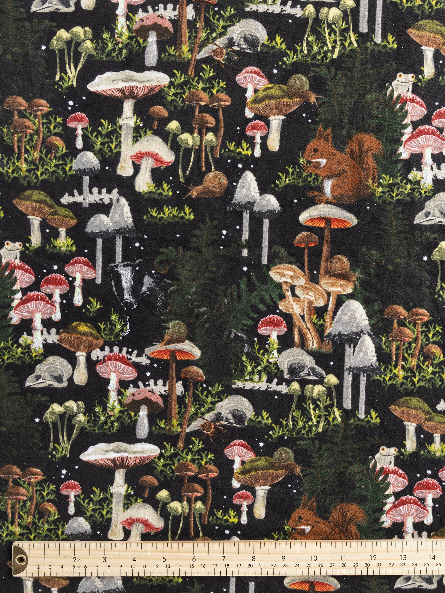 F-COT421 - Midnight Mushroom Print Cotton Flannel Deadstock - Black + Green + Brown - Core Fabrics- ruler.JPG