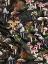 F-COT421 - Midnight Mushroom Print Cotton Flannel Deadstock - Black + Green + Brown - Core Fabrics- scrunched.JPG