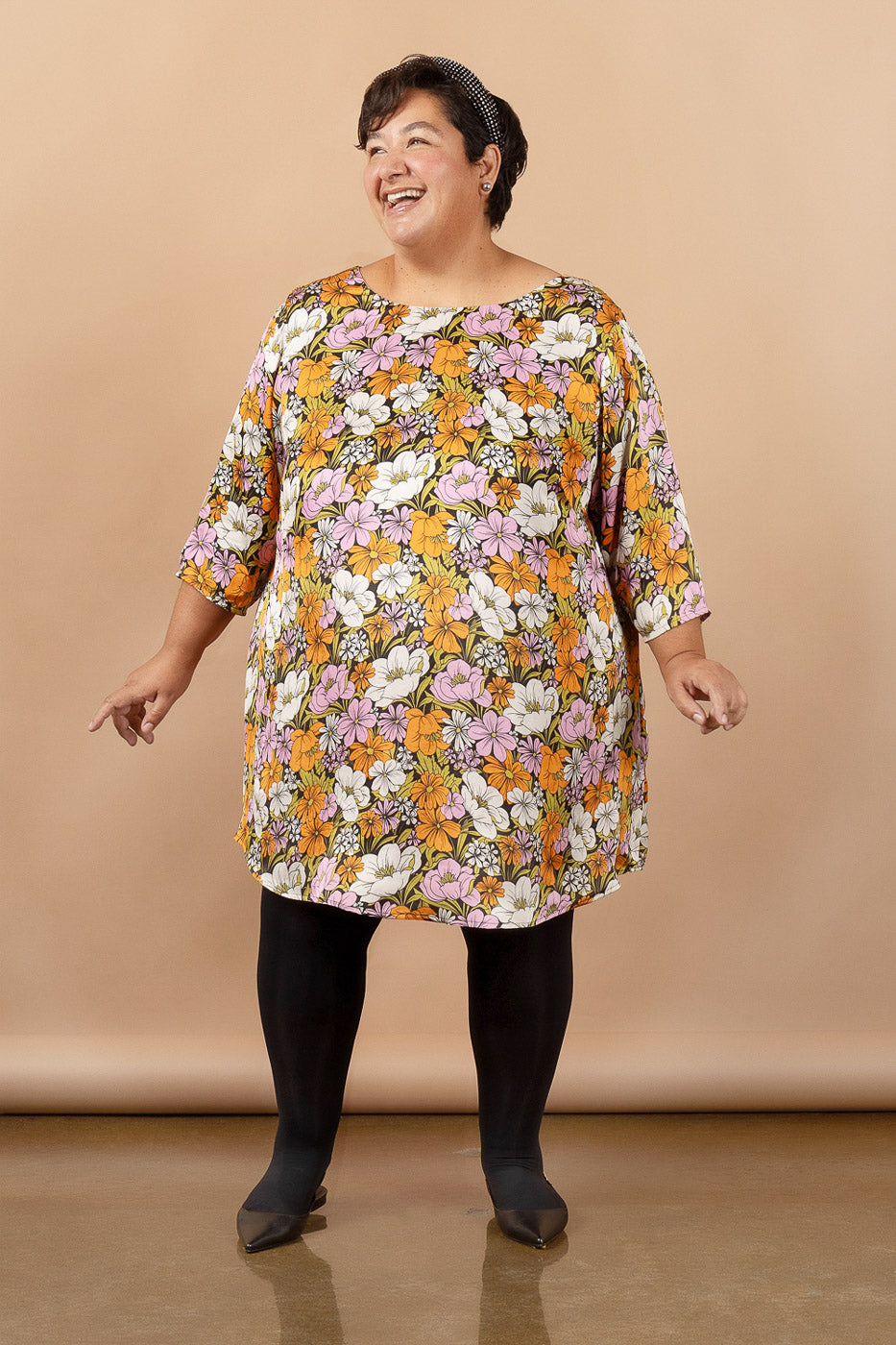 Ensemble de tissus pour robe Moonlight | Satin de viscose imprimé floral Groovy - Noir + Rose + Orange