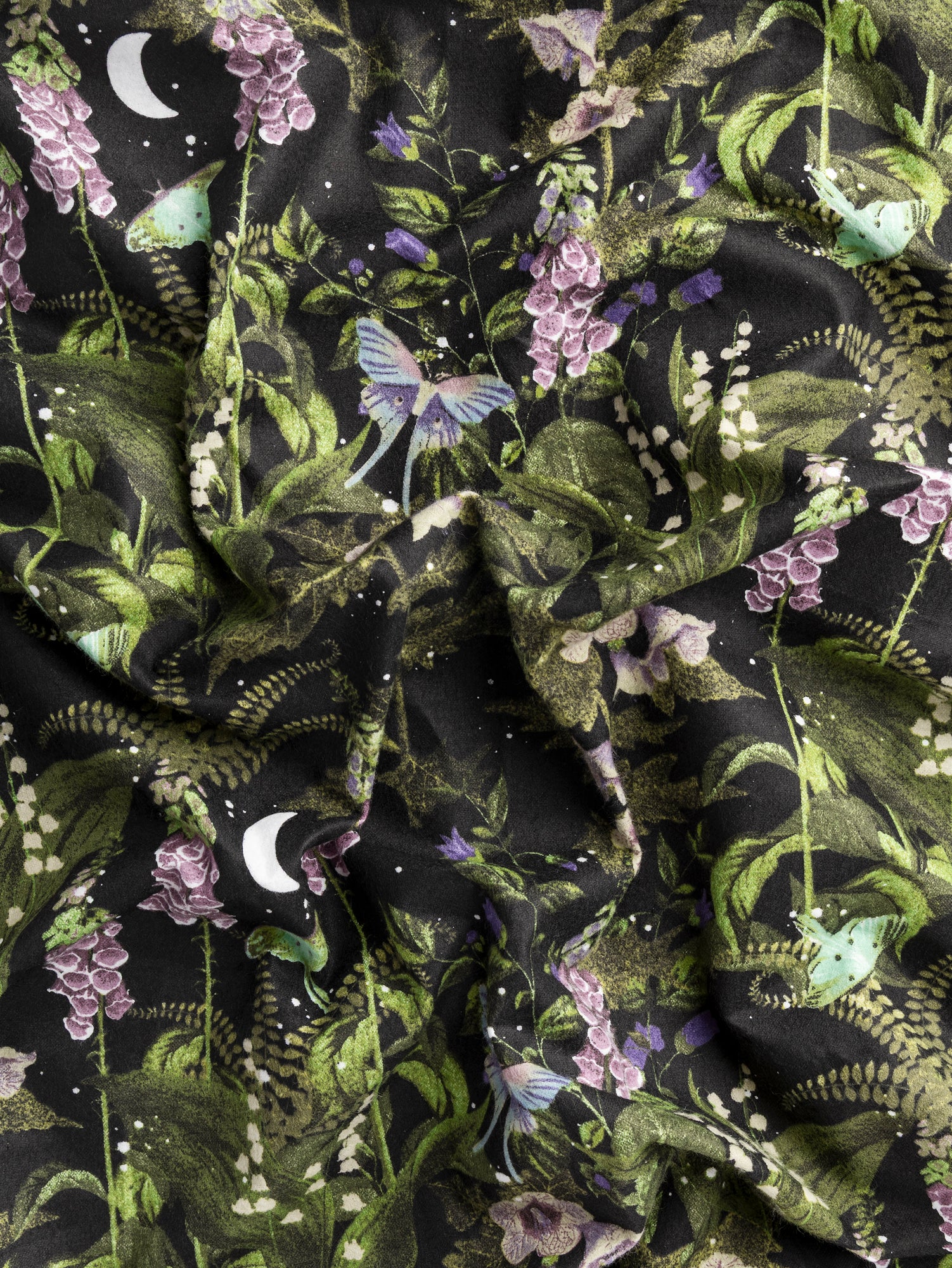 F-COT420 - Moonlit Garden Print Cotton Flannel Deadstock - Black + Green + Purple - Core Fabrics- scrunched.JPG