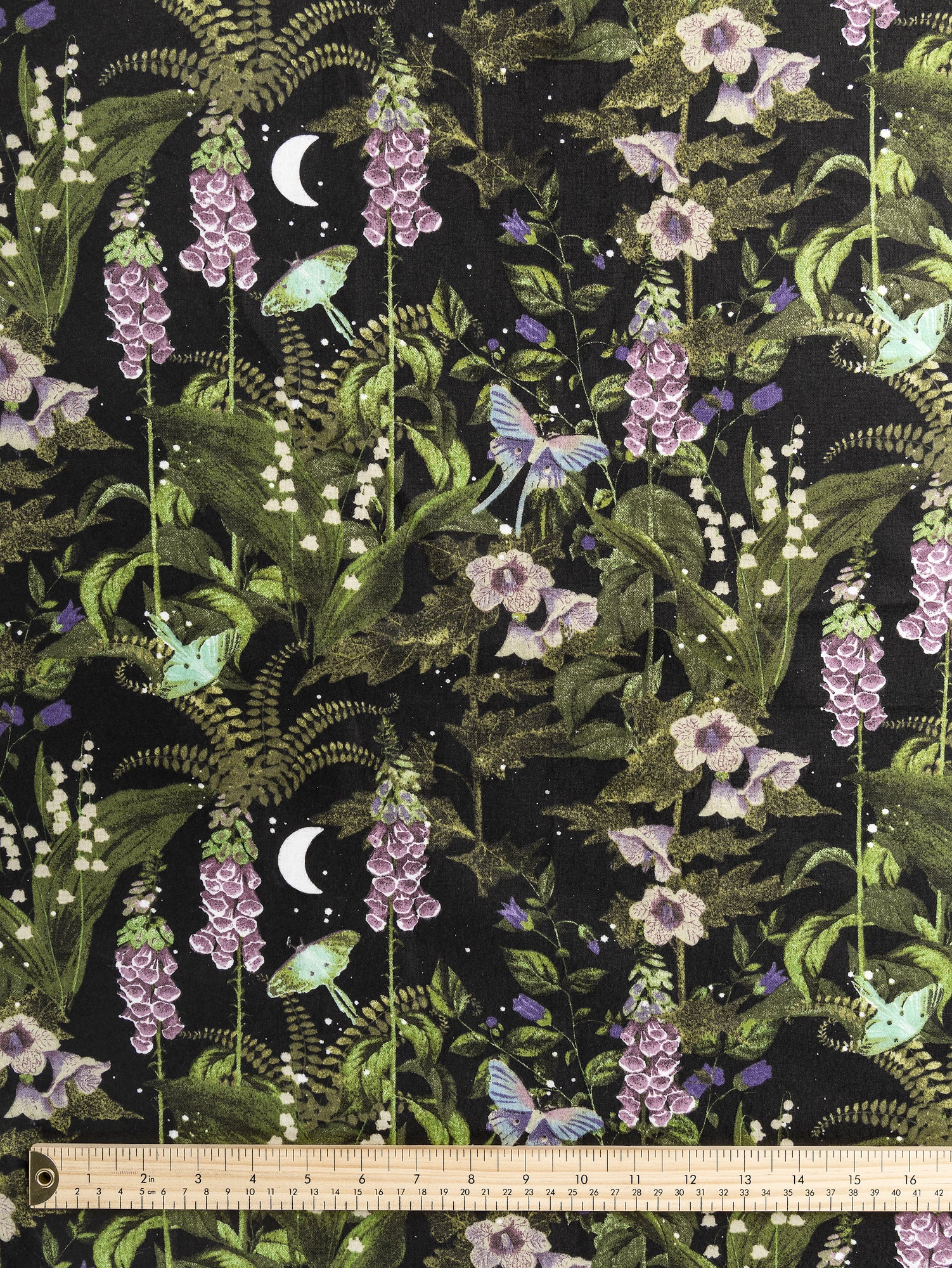F-COT420 - Moonlit Garden Print Cotton Flannel Deadstock - Black + Green + Purple - Core Fabrics- ruler.JPG