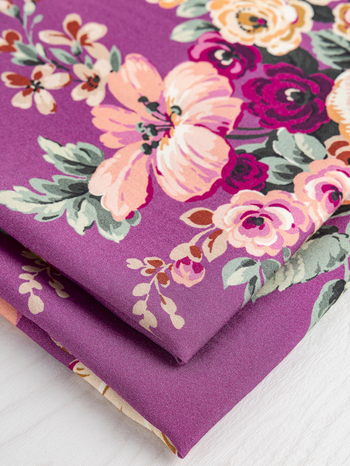 Nostalgic Peony Viscose Floral Print - Purple + Green + Cream | Core Fabrics