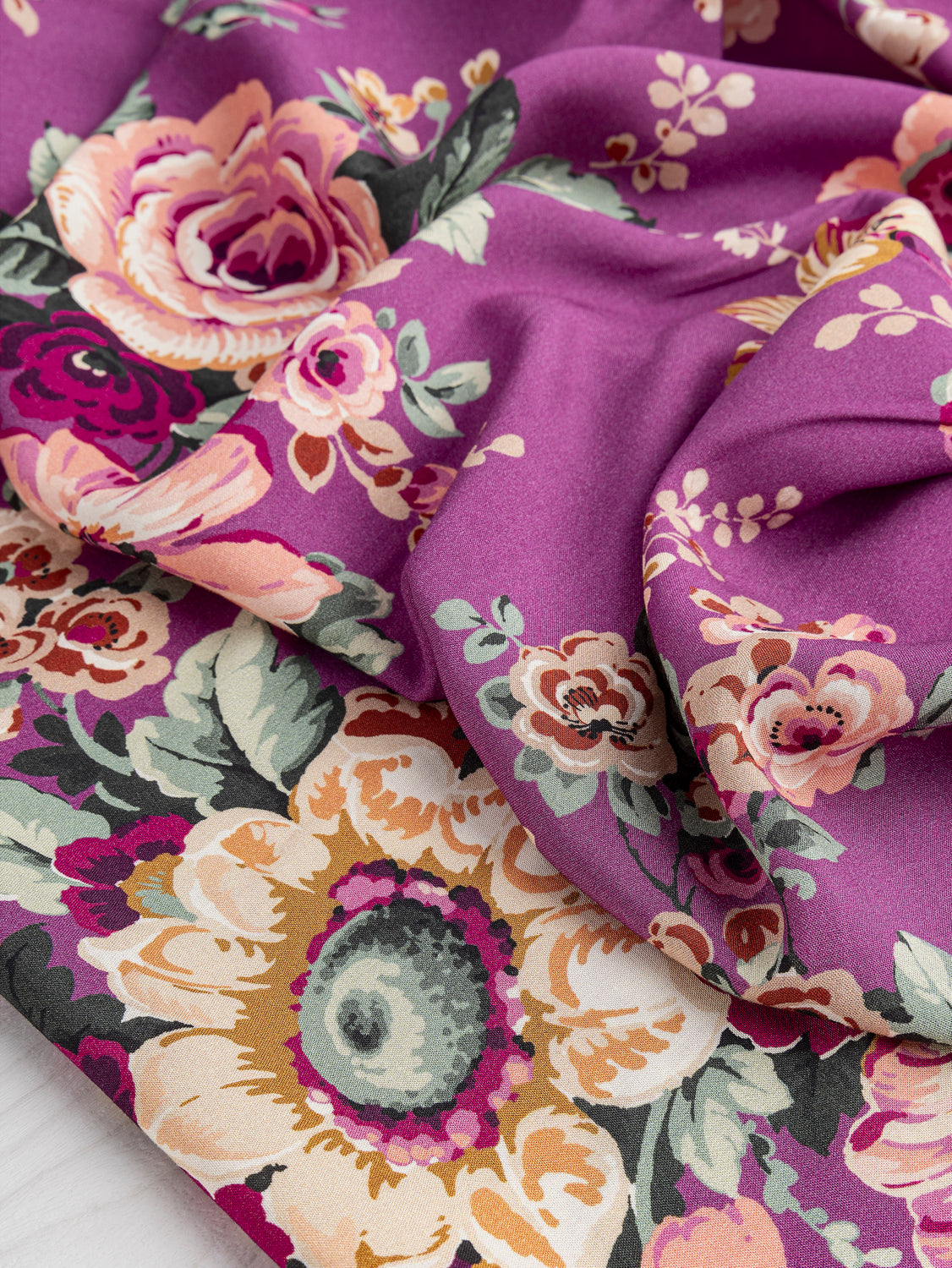 Nostalgic Peony Viscose Floral Print - Purple + Green + Cream | Core Fabrics