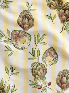Okie Dokie Artichokie Stripe Print Organic Cotton Linen — Butter Yellow + White + Olive