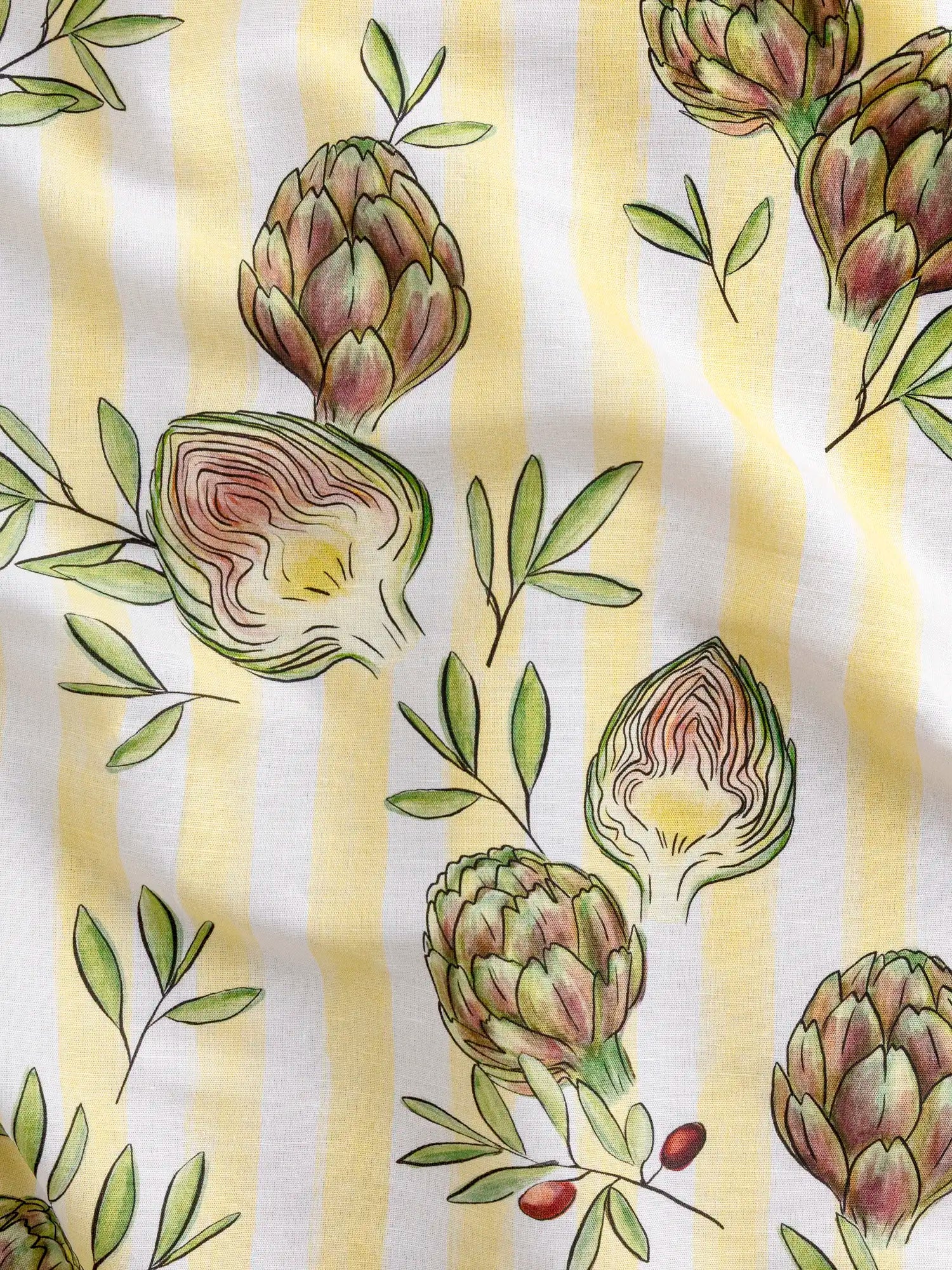 F-COT470-Okie-Dokie-Artichokie-Stripe-Print-Organic-Cotton-Linen-Butter-Yellow+White-and-Olive-Core-Fabrics-scrunched.webp