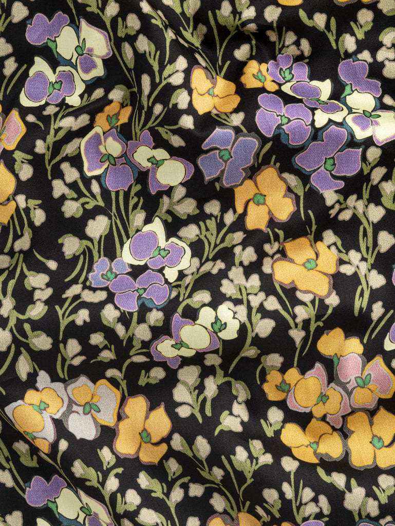 Orchids Lilies Of The Valley Print Cotton Sateen - Black + Purple + Green + Orange