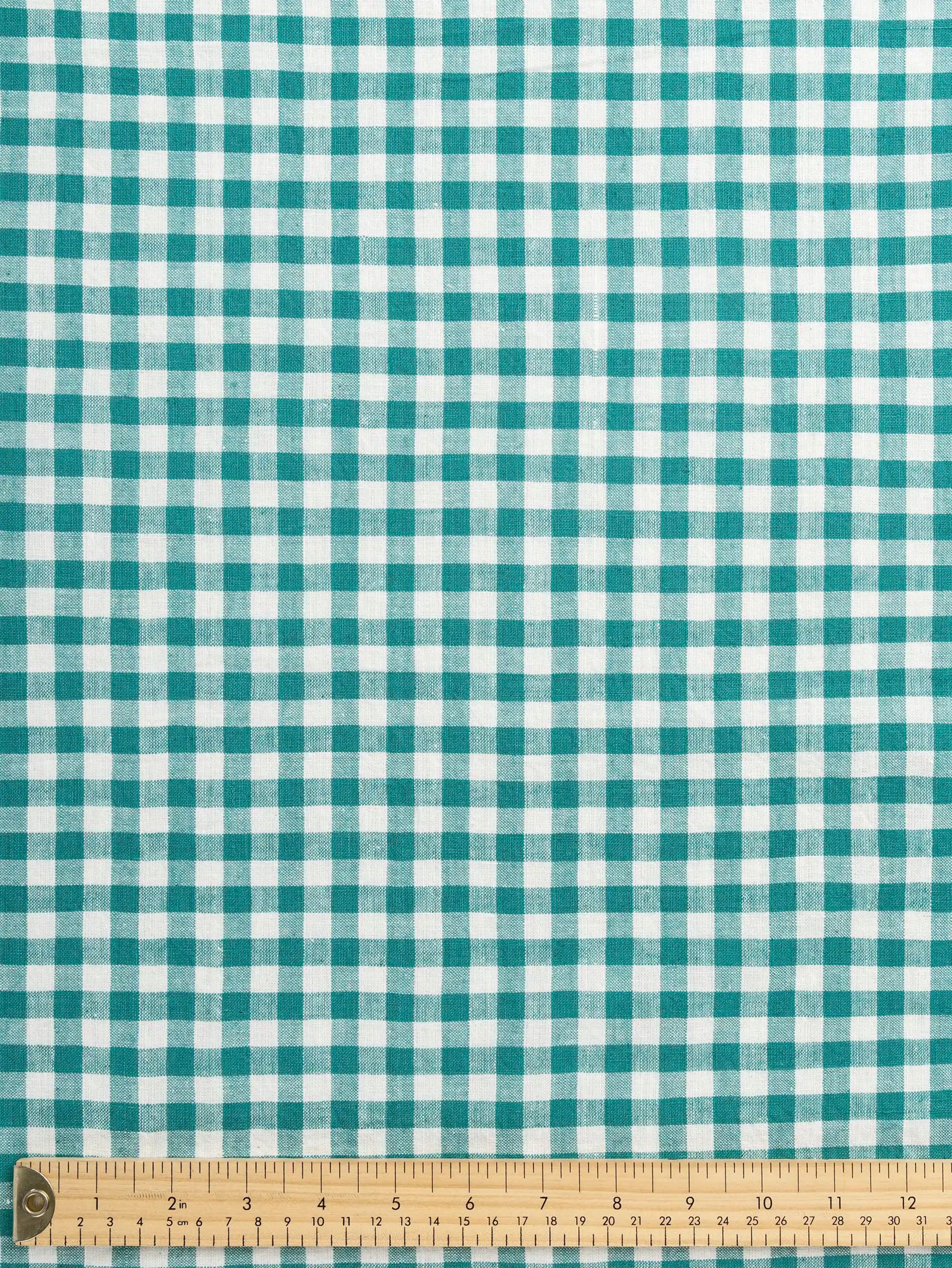 F-COT352-012-Parasol-Handwoven-Gingham-Cotton-Emerald-and-Ivory-Core-Fabrics-ruler.webp