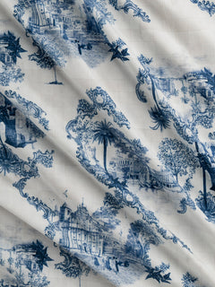 Pastoral Toile de Jouy Print Cotton Poplin - White + Indigo