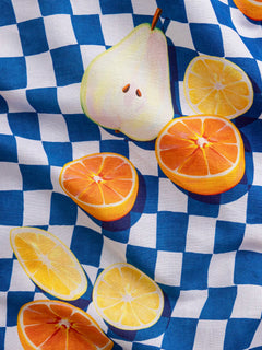 Pear Pressure Check Print Organic Cotton Linen — Cobalt + White + Orange + Lemon