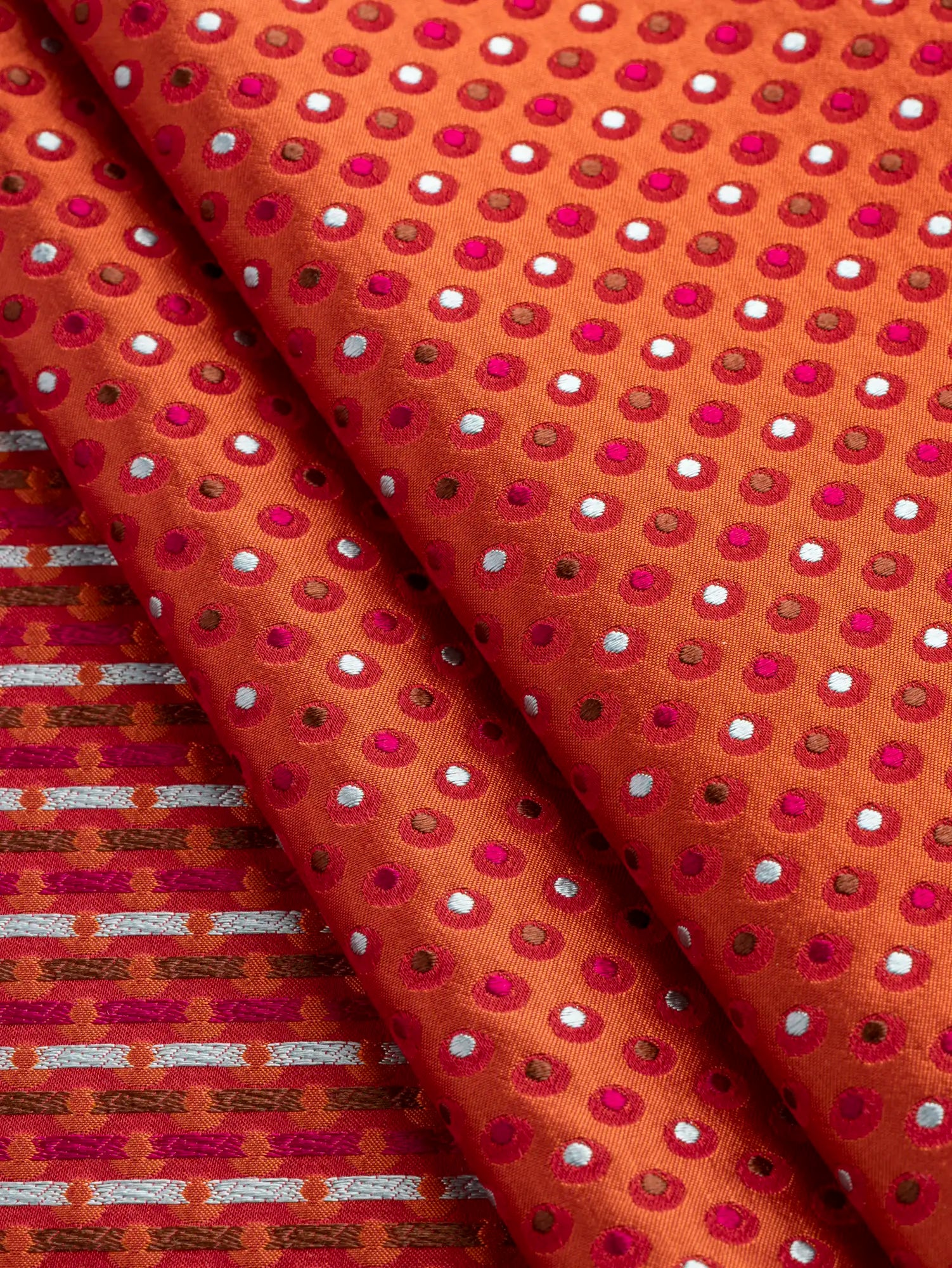 F-DEA199-Polka-Dot-Silk-Jacquard-Deadstock-Red-Magenta-Chocolate-and-Mist-Core-Fabrics-fold.webp
