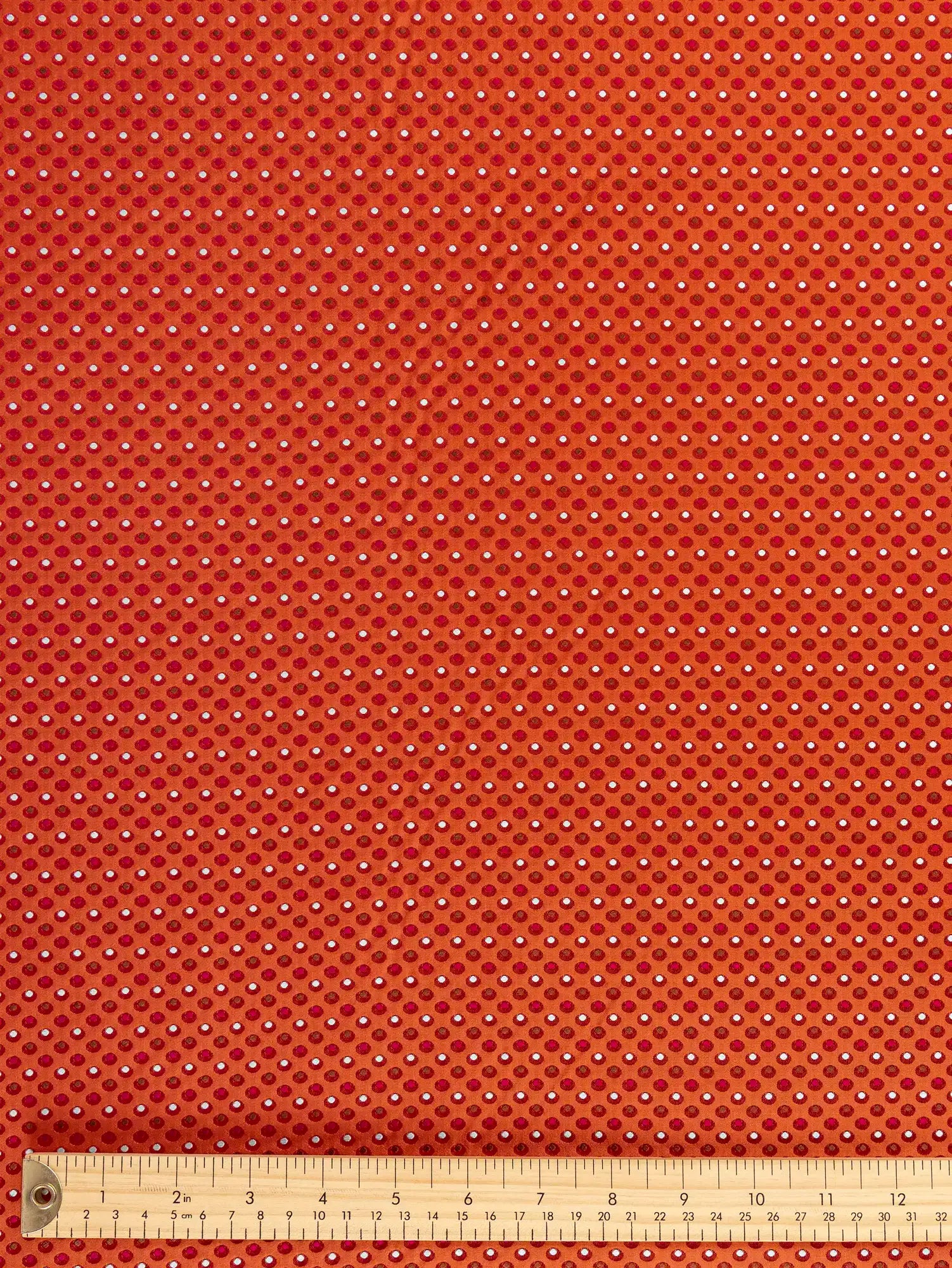 F-DEA199-Polka-Dot-Silk-Jacquard-Deadstock-Red-Magenta-Chocolate-and-Mist-Core-Fabrics-ruler.webp