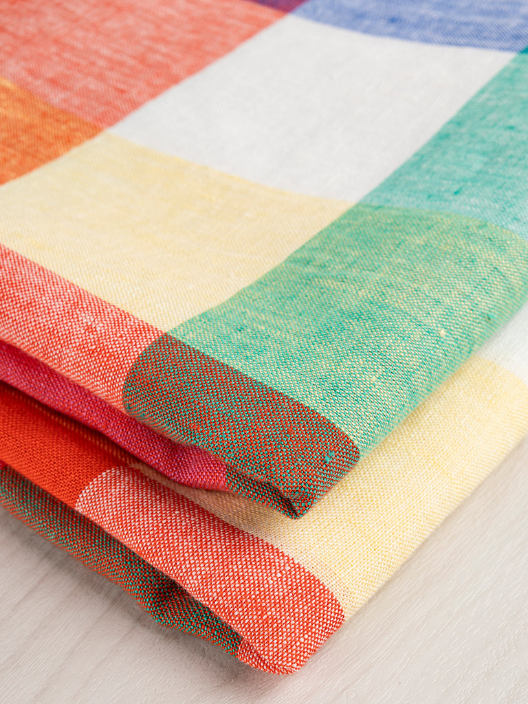 Rainbow Check European Linen - Emerald + Sapphire + Ruby + White