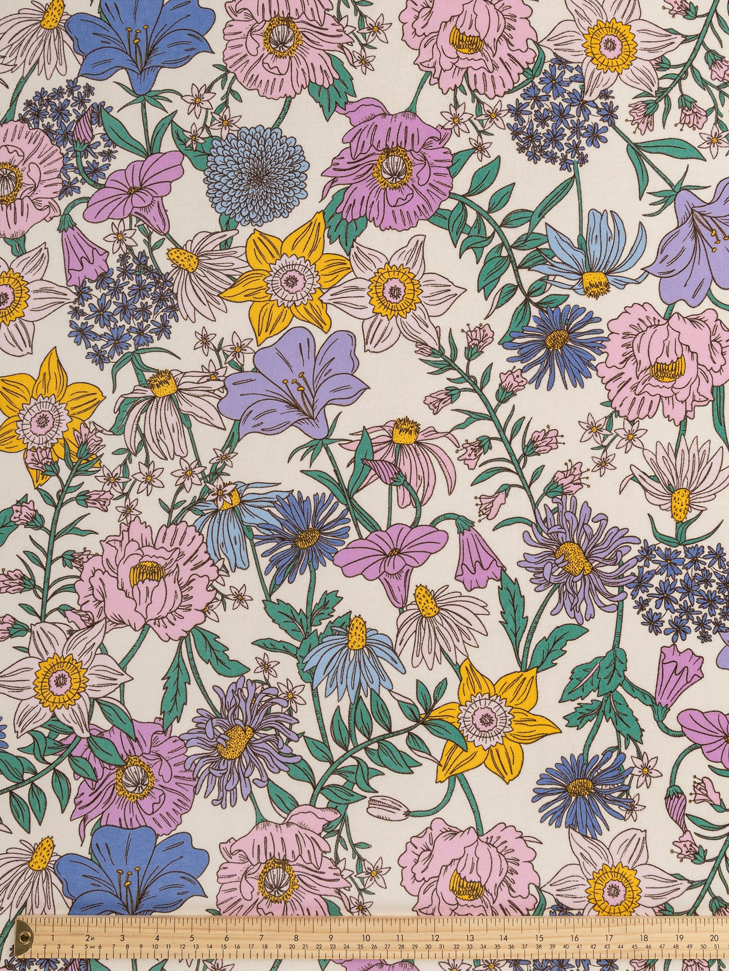 F-COT430-Retro-Large-Floral-Print-Cotton-Flannel-Twill-Deadstock-Cream-Lilac-Periwinkle-Yellow-Core-Fabrics-ruler.JPG
