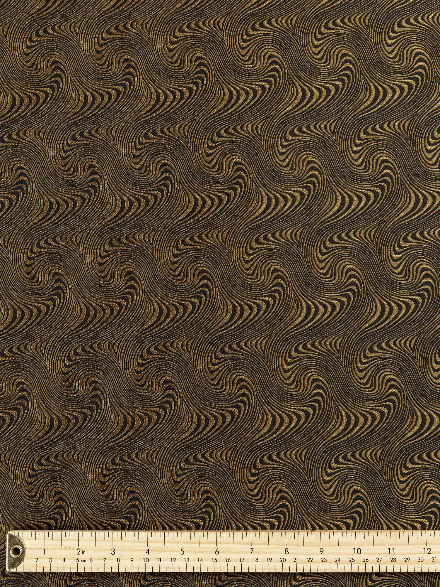 F-DEA194-Reversible-Swirly-Jacquard-Deadstock-Black-and-Gold-Core-Fabrics-ruler.webp
