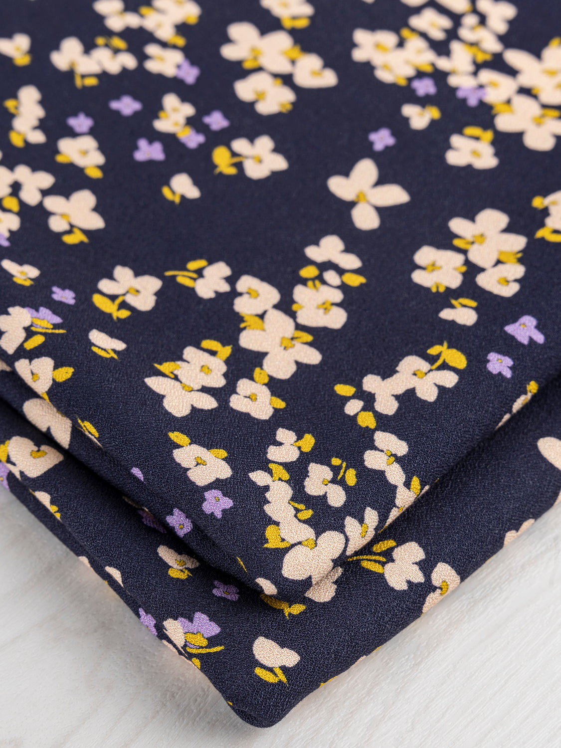 Romantic Floral Print EcoVero Viscose Crepe - Navy + Cream + Yellow + Purple | Core Fabrics