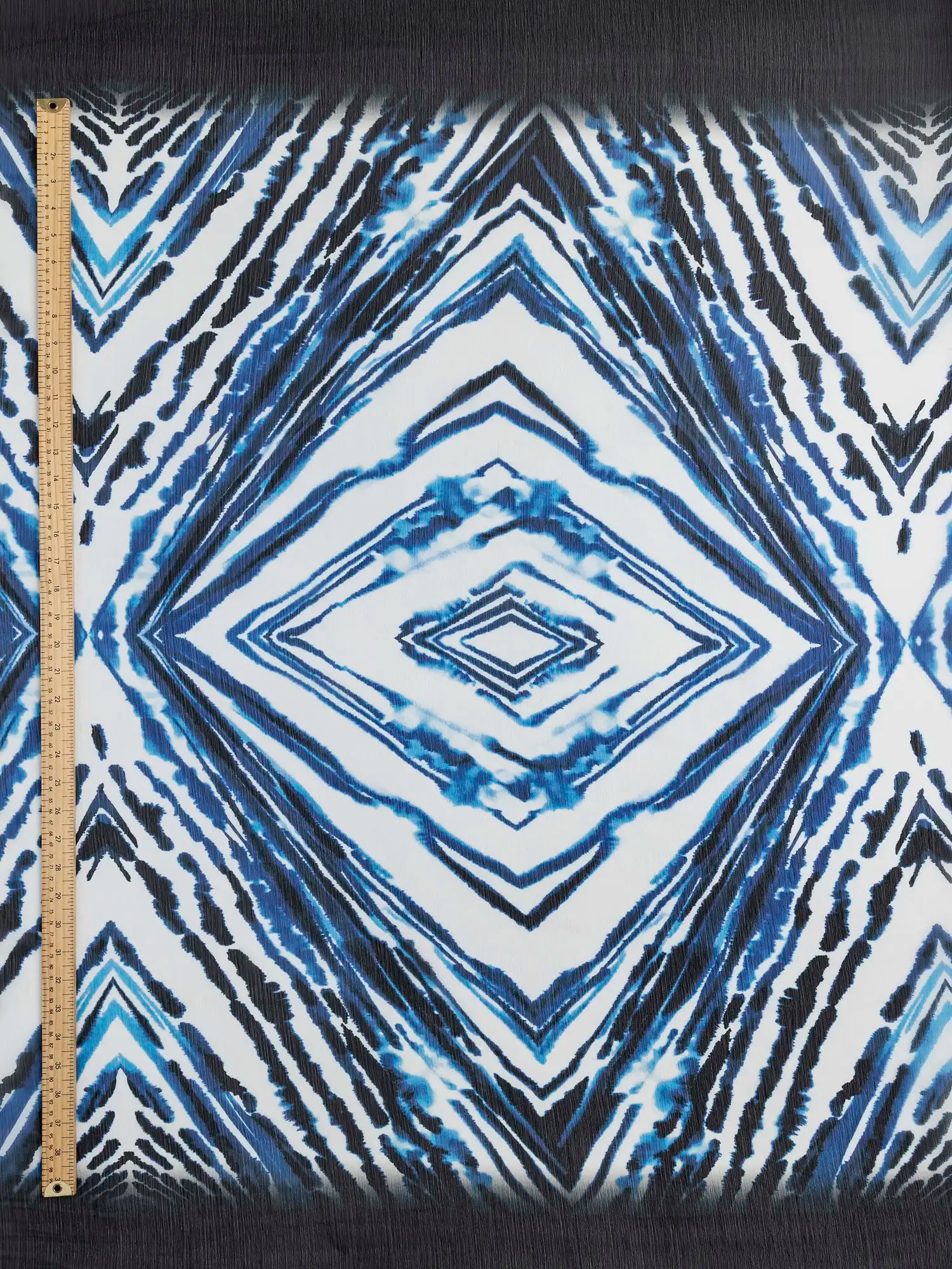 F-DEA173-Semi-Sheer-Abstract-Panel-Print-Chiffon-Deadstock-Blue-Black-and-Off-White-Core-Fabrics-ruler.webp