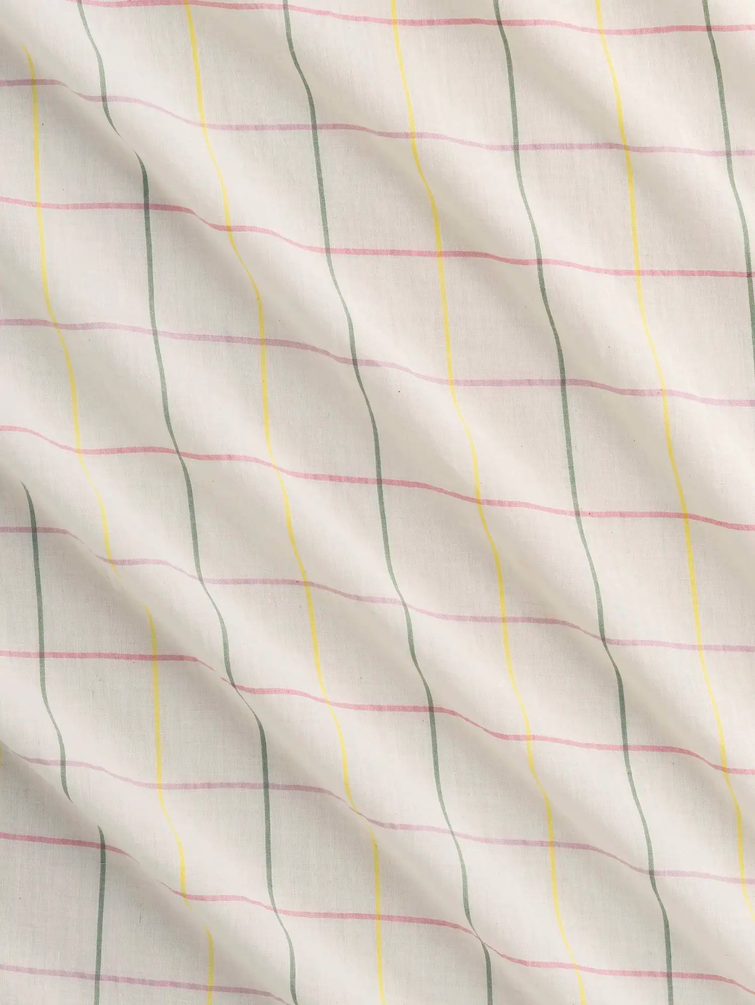 F-COT471-Sherbet-Artisanal-Check-Cotton-Voile-Natural-Fern-Lemon-and-Rose-Core-Fabrics-scrunched.webp
