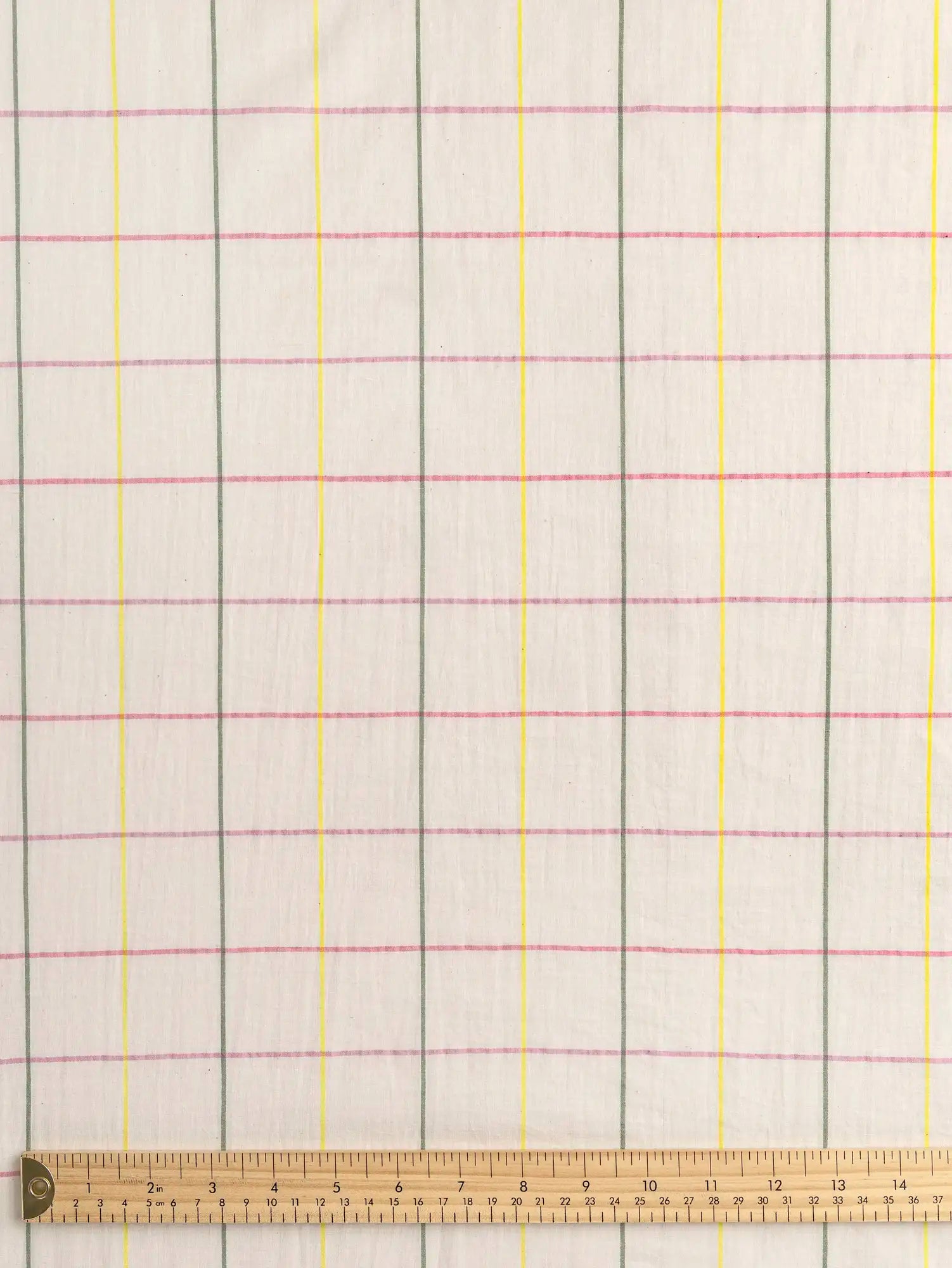 F-COT471-Sherbet-Artisanal-Check-Cotton-Voile-Natural-Fern-Lemon-and-Rose-Core-Fabrics-ruler.webp