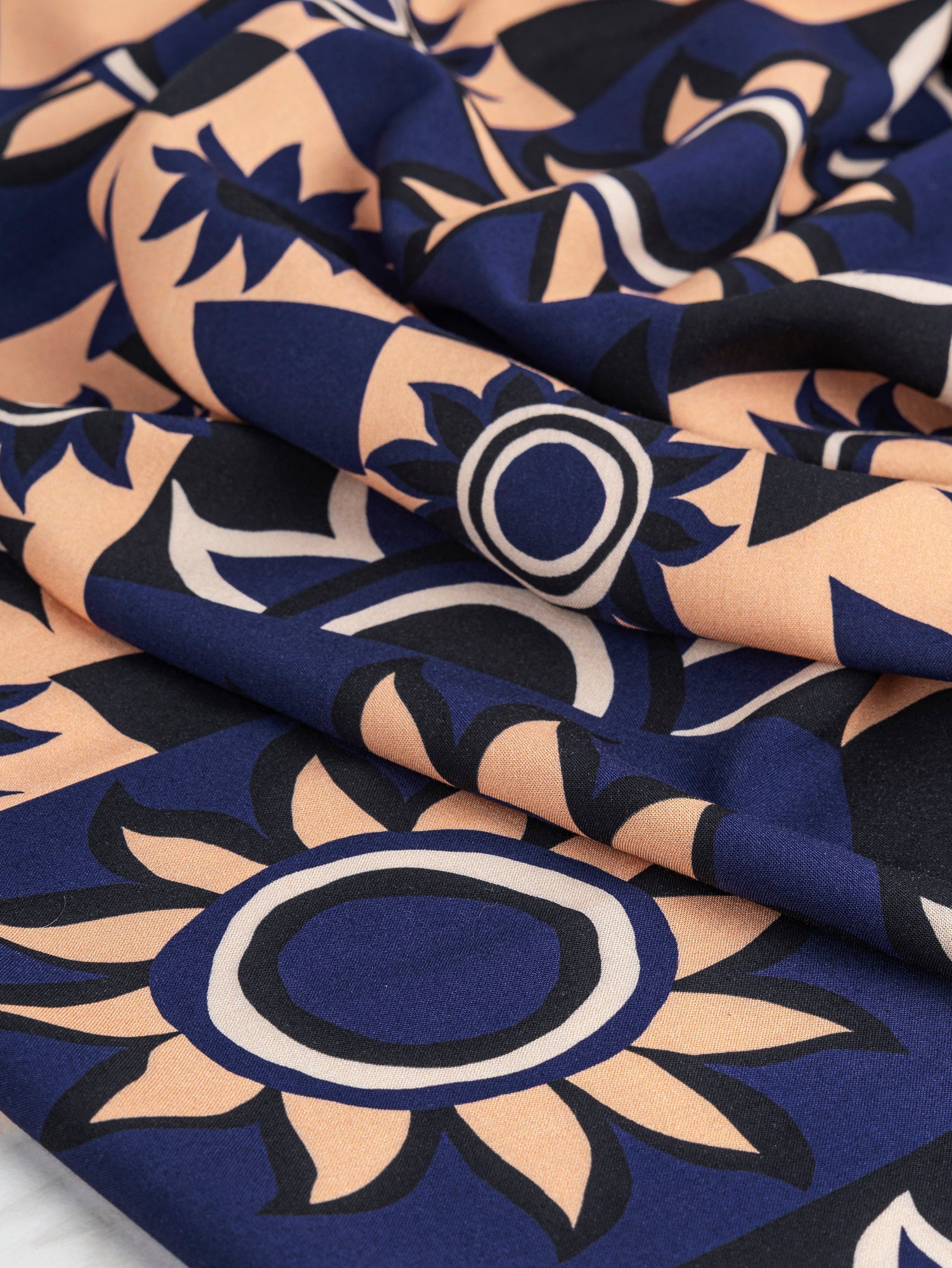 F-VIS230-Solar-Mosaic-Print-Ecovero-Viscose-Black-Navy-Tan-Core-Fabrics-scrunched