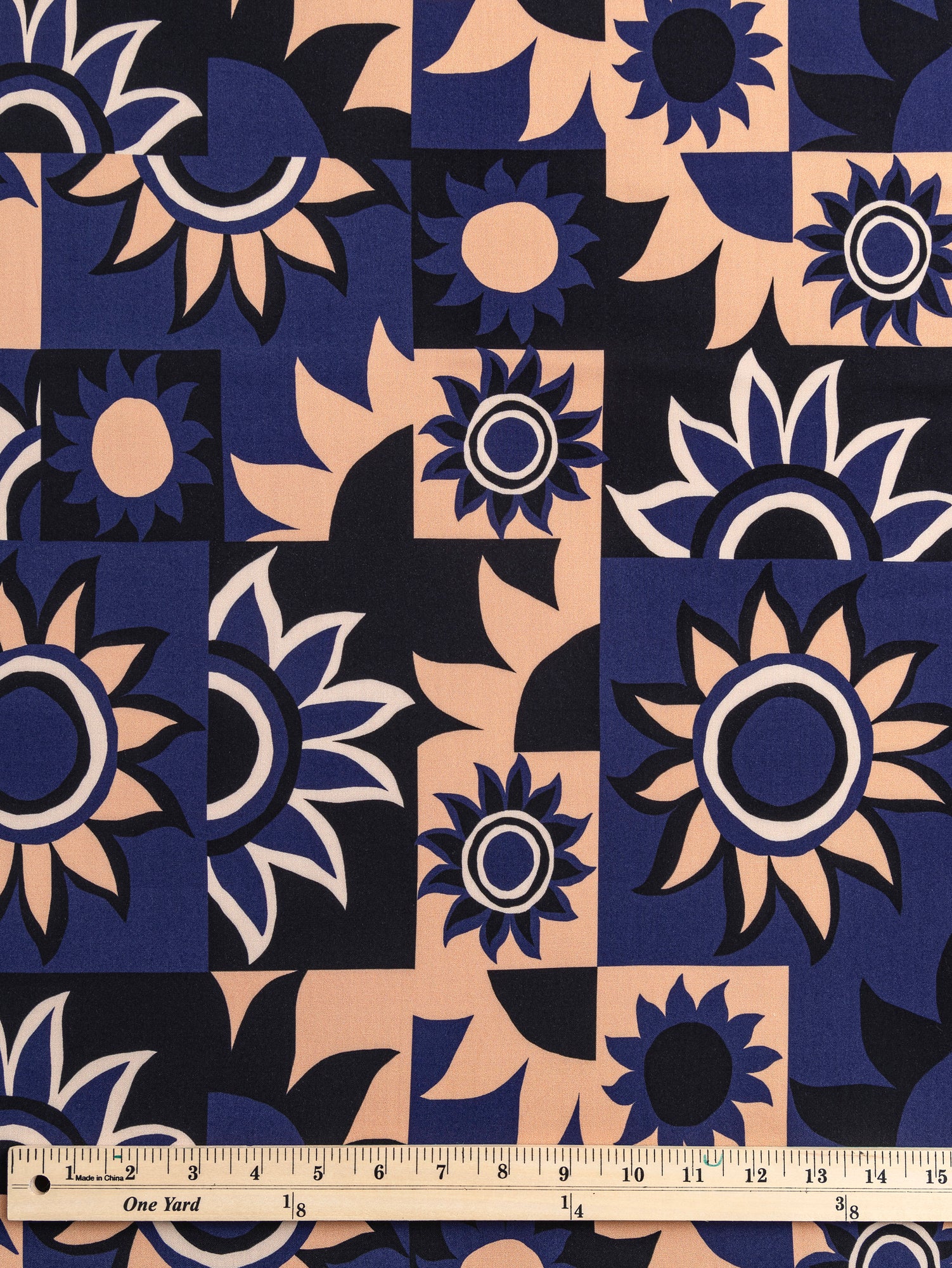 F-VIS230-Solar-Mosaic-Print-Ecovero-Viscose-Black-Navy-Tan-Core-Fabrics-ruler