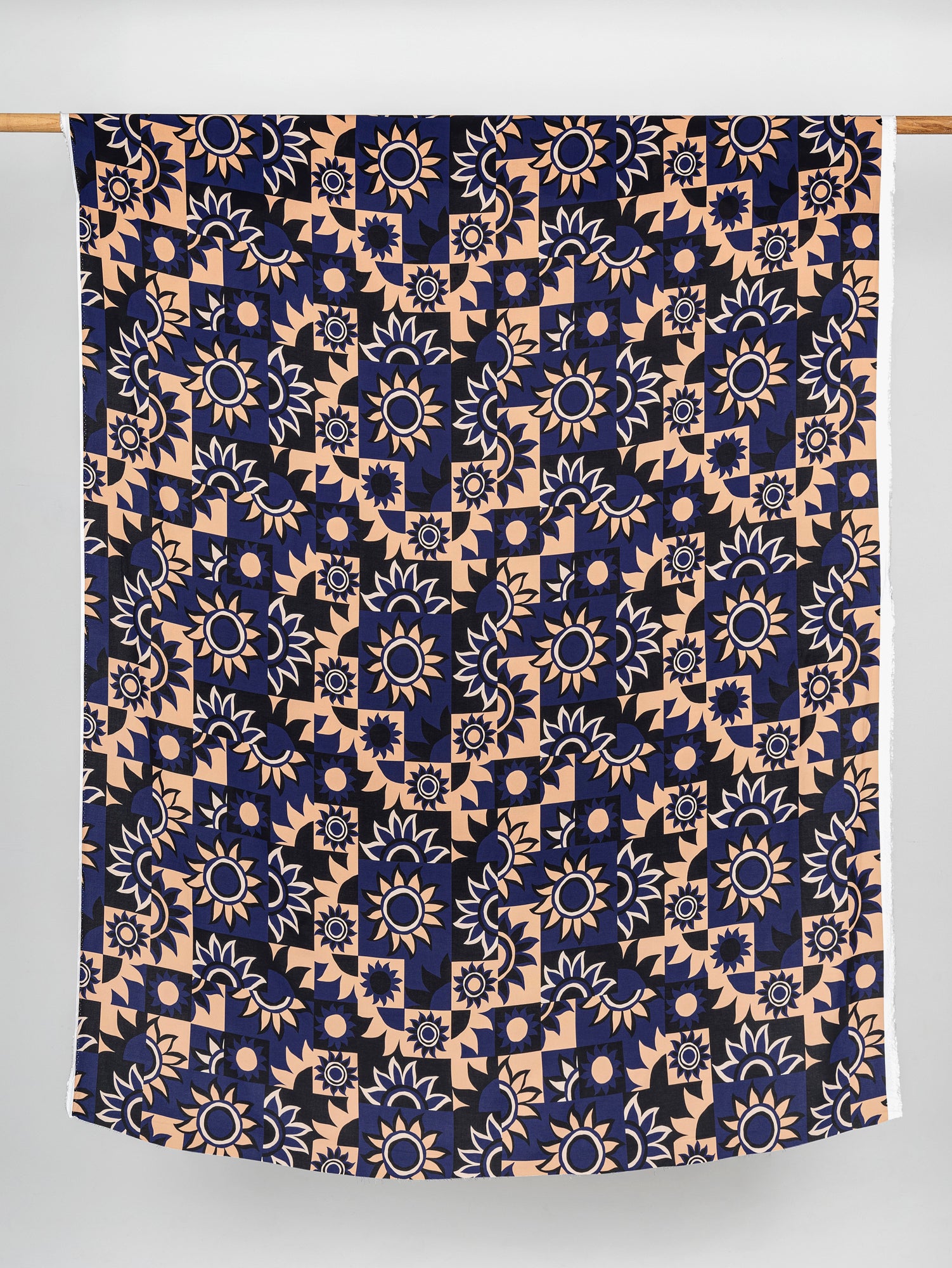 F-VIS230-Solar-Mosaic-Print-Ecovero-Viscose-Black-Navy-Tan-Core-Fabrics-draped