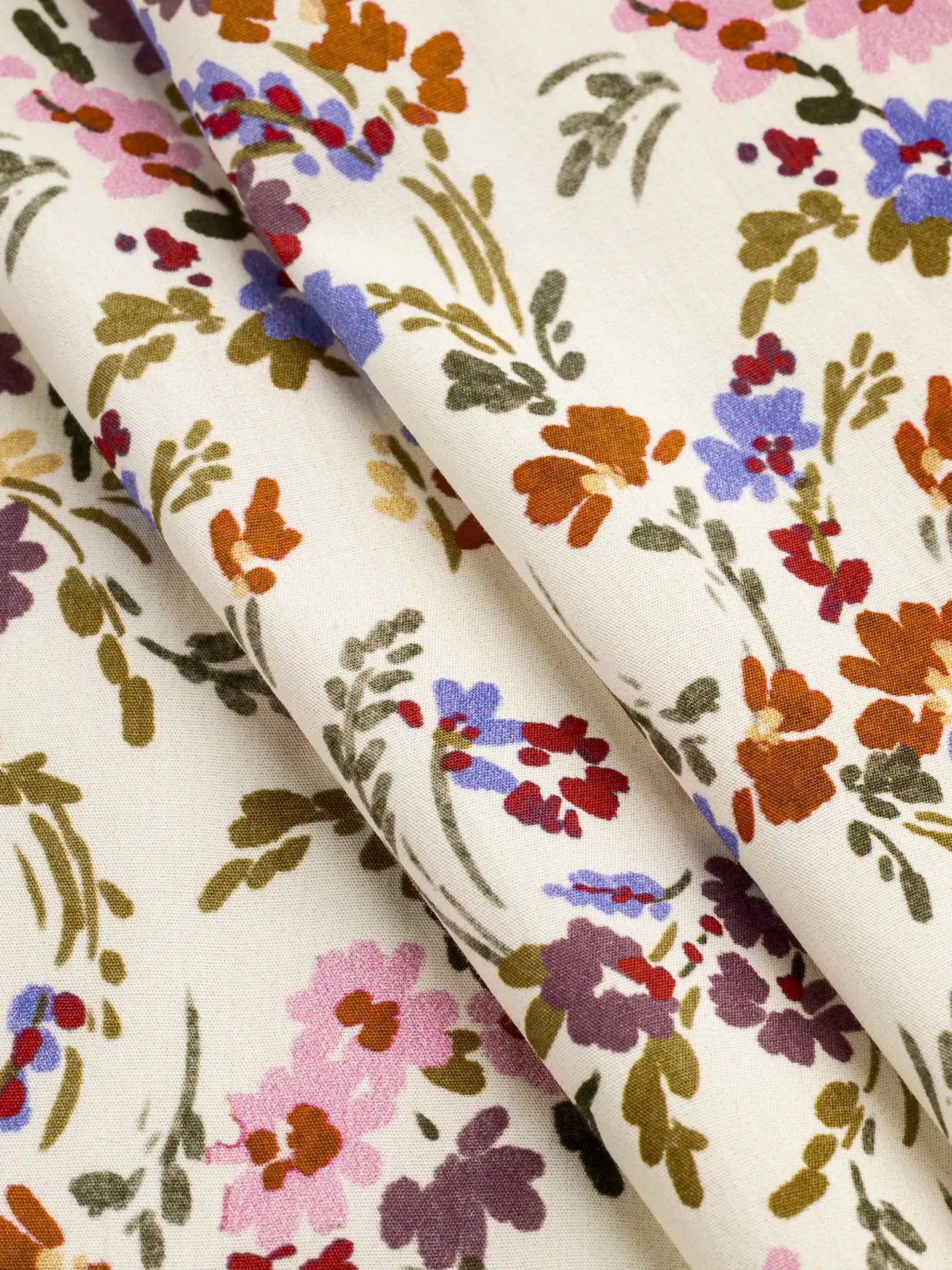 F-COT440-Spring-Floral-Print-BCI-Cotton-Poplin-Cream-Olive-and-Periwinkle-Core-Fabrics-fold.webp