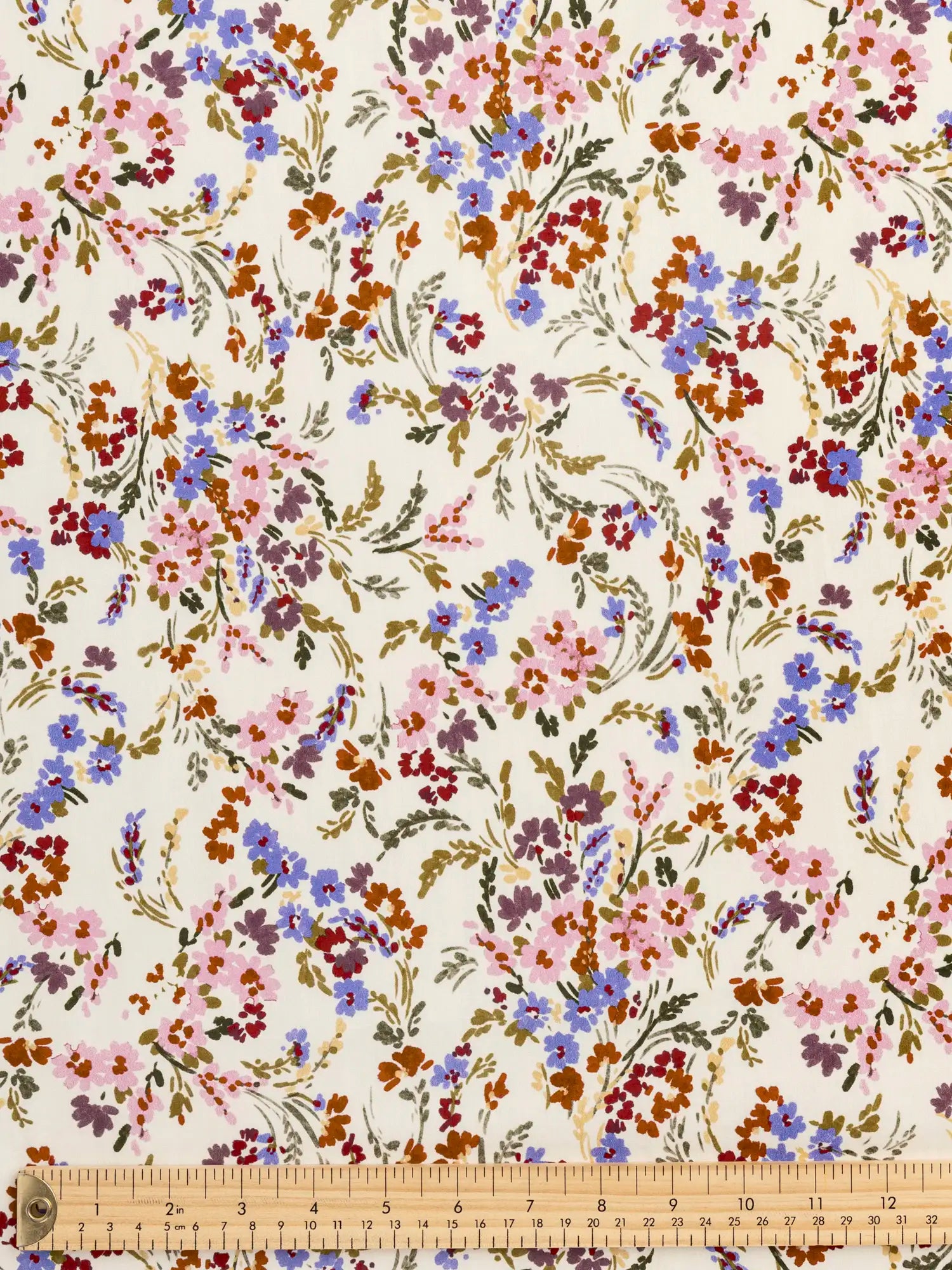 F-COT440-Spring-Floral-Print-BCI-Cotton-Poplin-Cream-Olive-and-Periwinkle-Core-Fabrics-ruler.webp