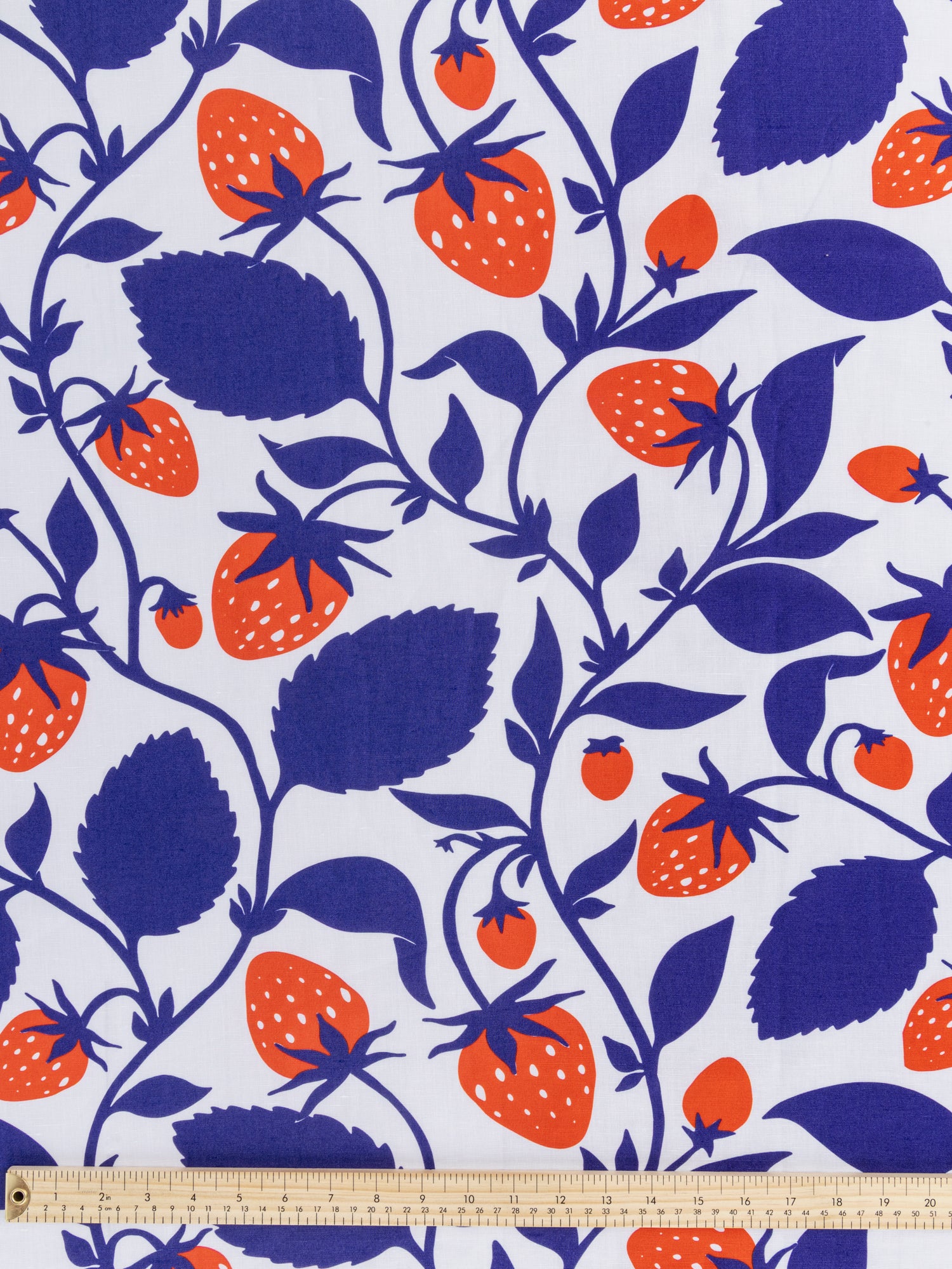 F-COT356-Strawberry-On-Top-Print-Organic-Cotton-Linen-White-Cobalt-Red-Core-Fabrics-ruler.JPG